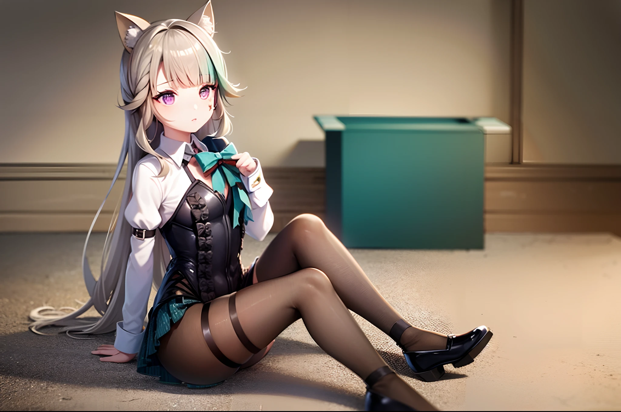 Anime girl with cat ears sitting on the floor of the room, Fine details. girls' frontline, from girls frontline, pixiv 3dcg, very detailed Artgerm, art of kirokaze pixel, Top Rated on pixiv, at pixiv, Kantai Collection Style, Mikudayo, small curvy loli, popular on pixiv