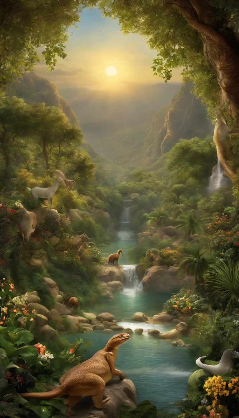 Kindly, Create an amazing and realistic image of the Garden of Eden, as described in the Bible. The image should depict heaven on earth, There are clear rivers, Lush trees, Peaceful and harmonious coexistence of fruits and animals for transportation. Make sure the sun shines gently and comfortably over the landscape, Highlight the beauty and tranquility of the place. The image should be in high definition (At least 19024x575 ) Where sinful snakes and maces must appear
