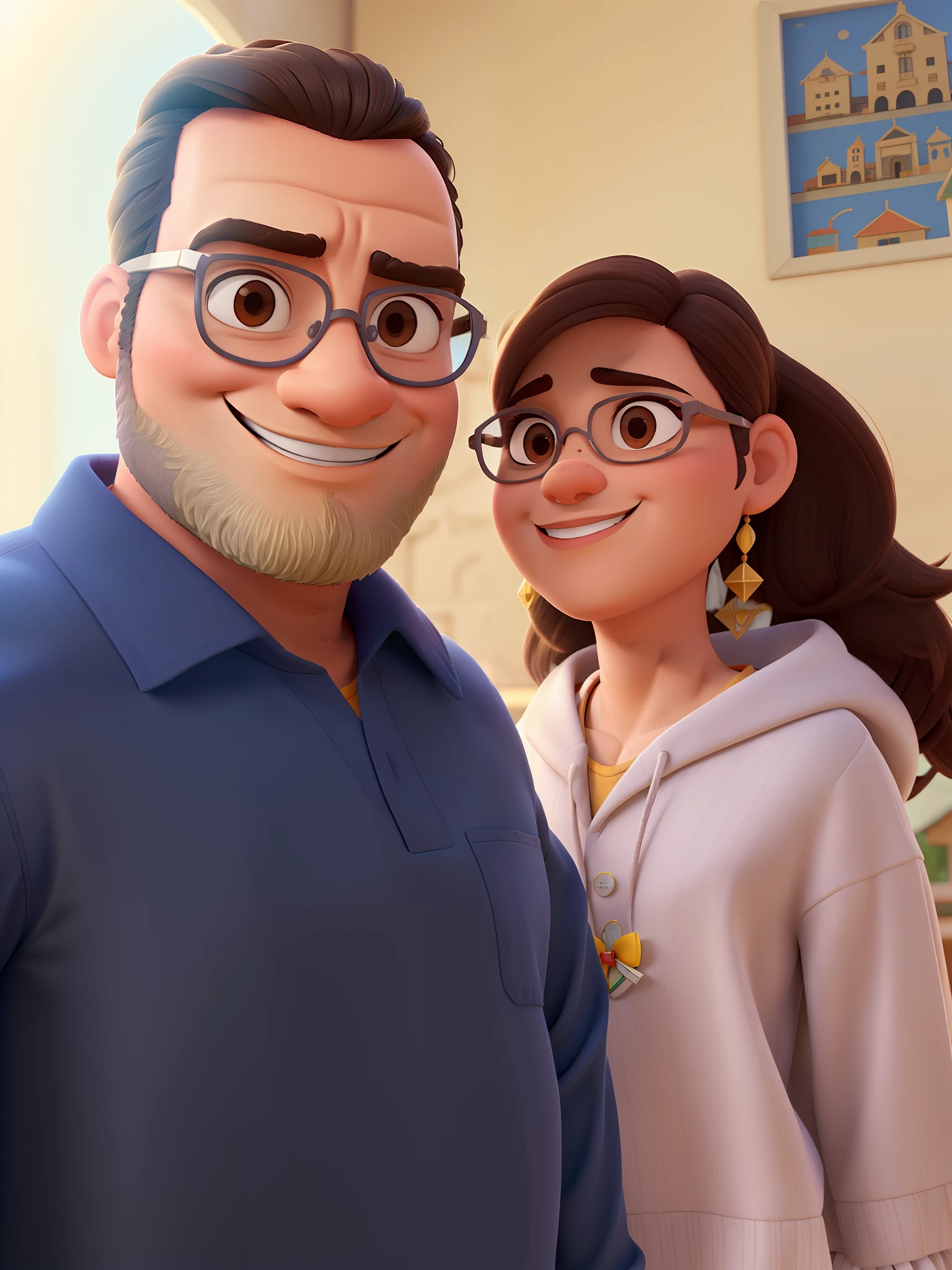 Casal homem branco usando oculos, barba rala, mulher morena sorrindo, no estilo Disney Pixar, em uma cidade grande, Lots of buildings around.