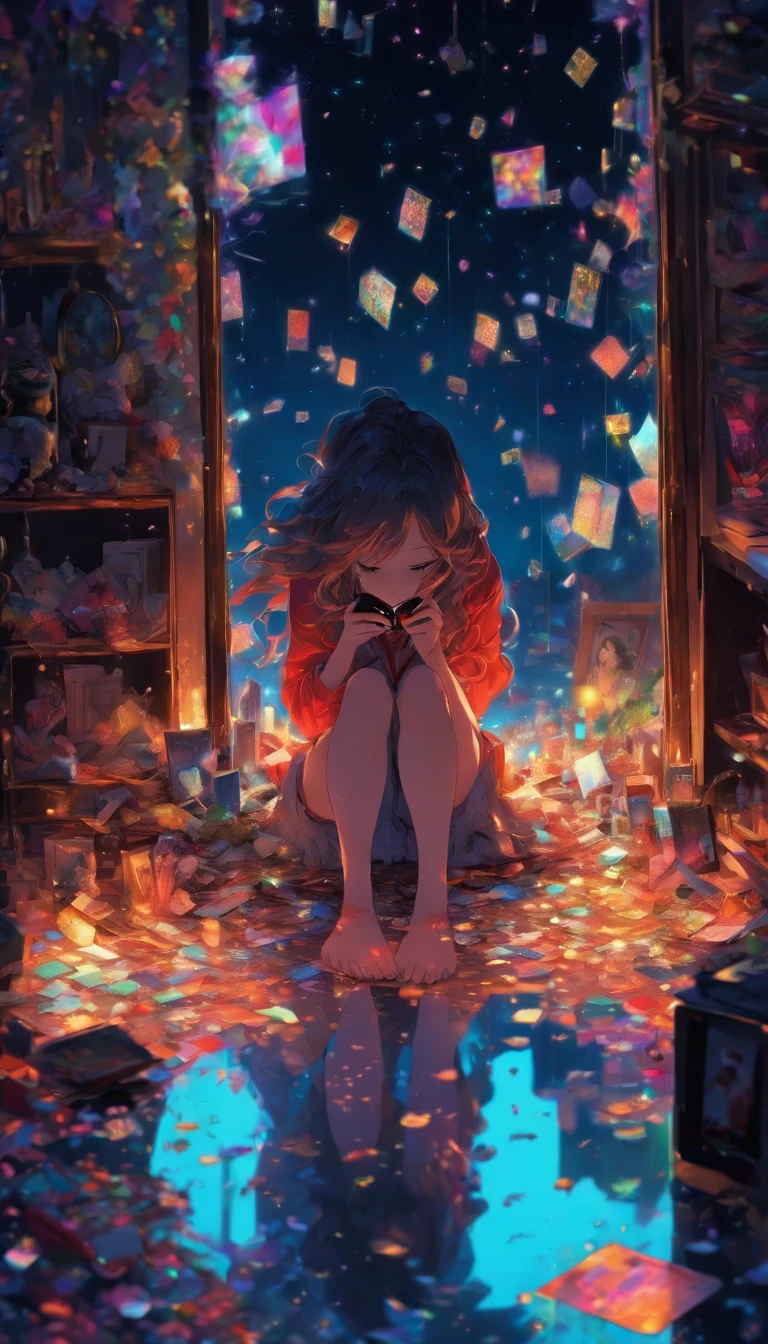 in the dark.Looking down and not seeing her face. A woman in a broken mirror. The room is a mess. A cell phone and a hand mirror are on the floor. Fantastic. High quality in every detail. Big people.