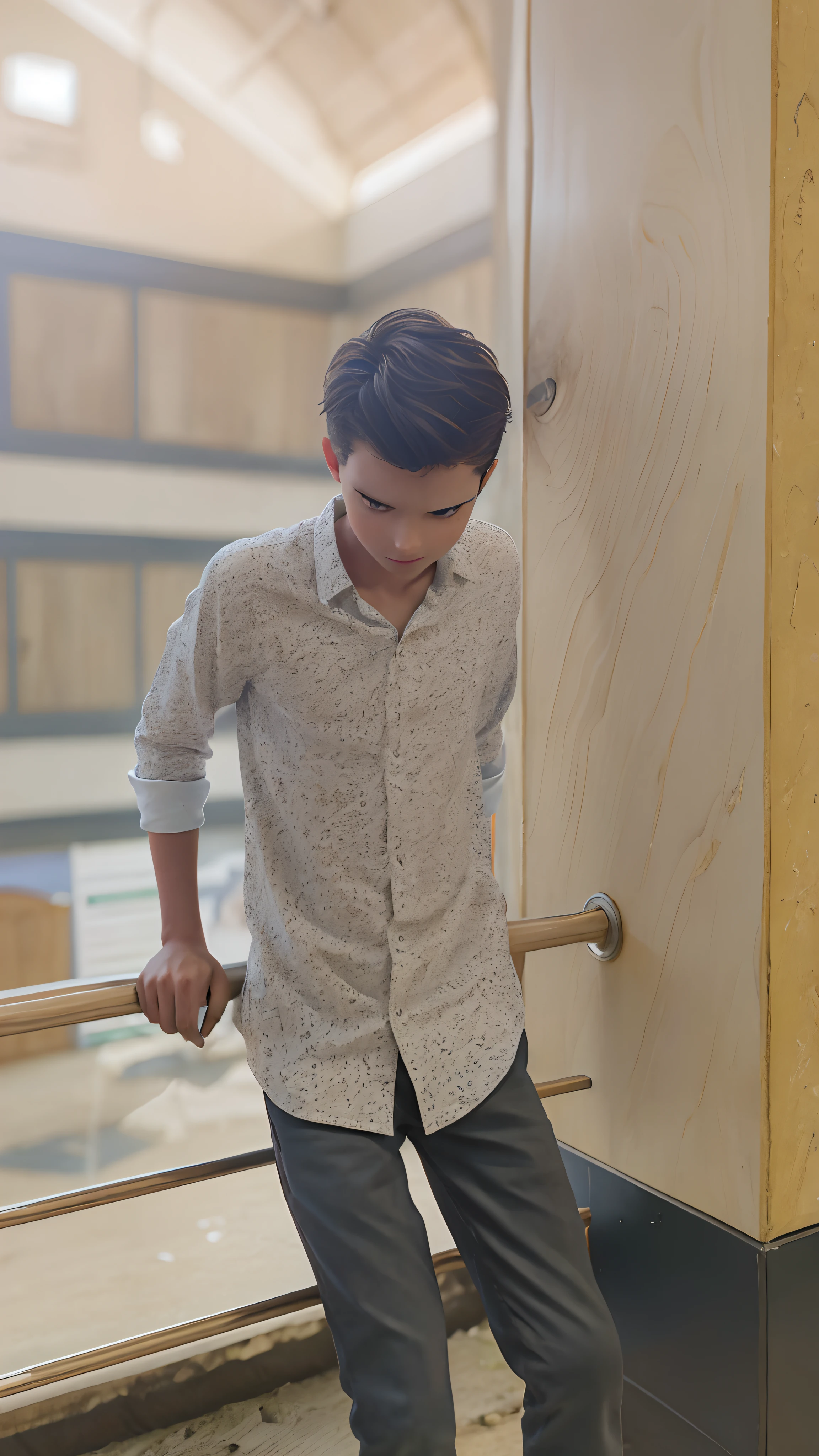 The image features a young boy sitting on a wooden bench, which is located near a fence. The boy is wearing a black shirt and appears to be looking at the camera. The bench is positioned in the middle of the scene, with the fence extending to the left and right sides of the image. The boy's posture and the presence of the bench suggest that this could be a park or a similar outdoor setting.Gere essa imagem no estilo de anima