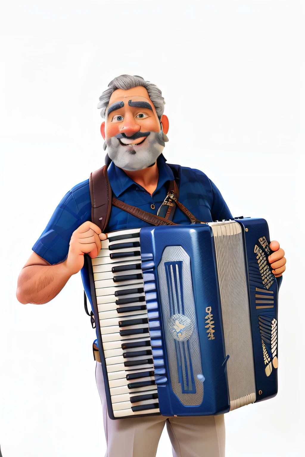 (best quality,highres,ultra-detailed,realistic:1.37),A middle-aged man with a beard and gray hair, smiling with a blue accordion on his chest,portrait,realistic colors,studio lighting,bokeh,detailed eyes and face,expressive musical instrument,fine details,sharp focus,vibrant colors,atmospheric lighting,subtle shadows,meticulous facial hair,piano accordion,stand-up bass and drums in the background,talented musician,serene expression,delightful smile,enthusiastic mood,sunlight streaming through the window,masterful musician in a cozy room,harmonious color palette,rich texture of the accordion's surface.