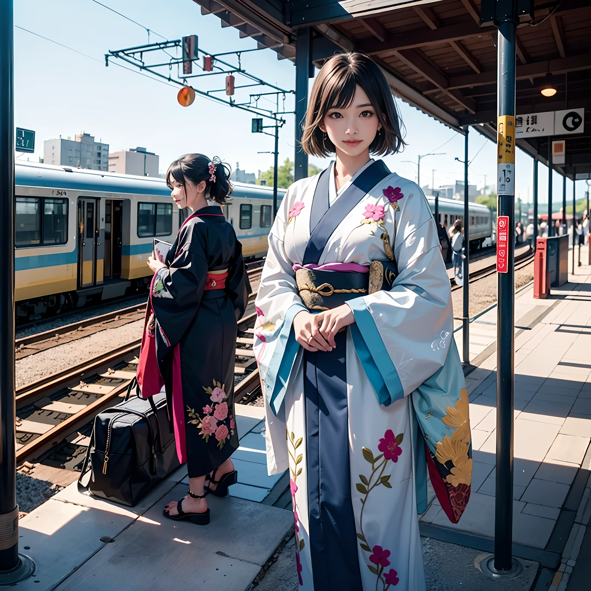 Background of details(Railway Station Platforms,Train on the tracks),BREAK ,elaborate costume(Luxurious Japan kimono(Colorful kimono(detailed embroidery()))),BREAK,(1 Beautiful and classy adult woman(Shy smile:1.2)(Japanese actressl:1.2)(A dark-haired:1.2(short-hair:1.2))),(eye glass:1.2),(Sitting on a bench),BREAK,Wallpapers 16K,Blur the background,)(masutepiece,Best Quality,Portrait photos):1.5),full body Esbian,3dピクセルアート