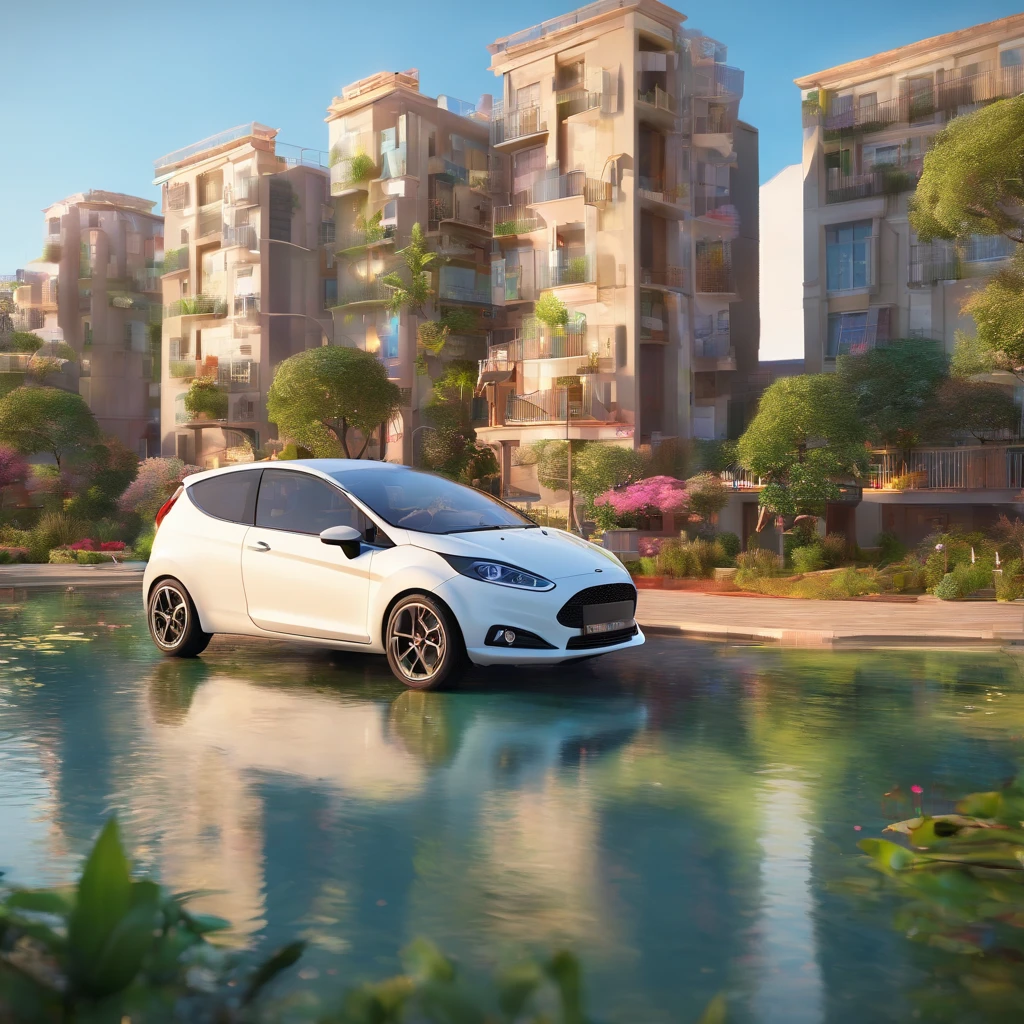 "Make a Disney Pixar-style picture, In 3D of a white New Fiesta car on the edge of a pond with tall buildings on the other bank"