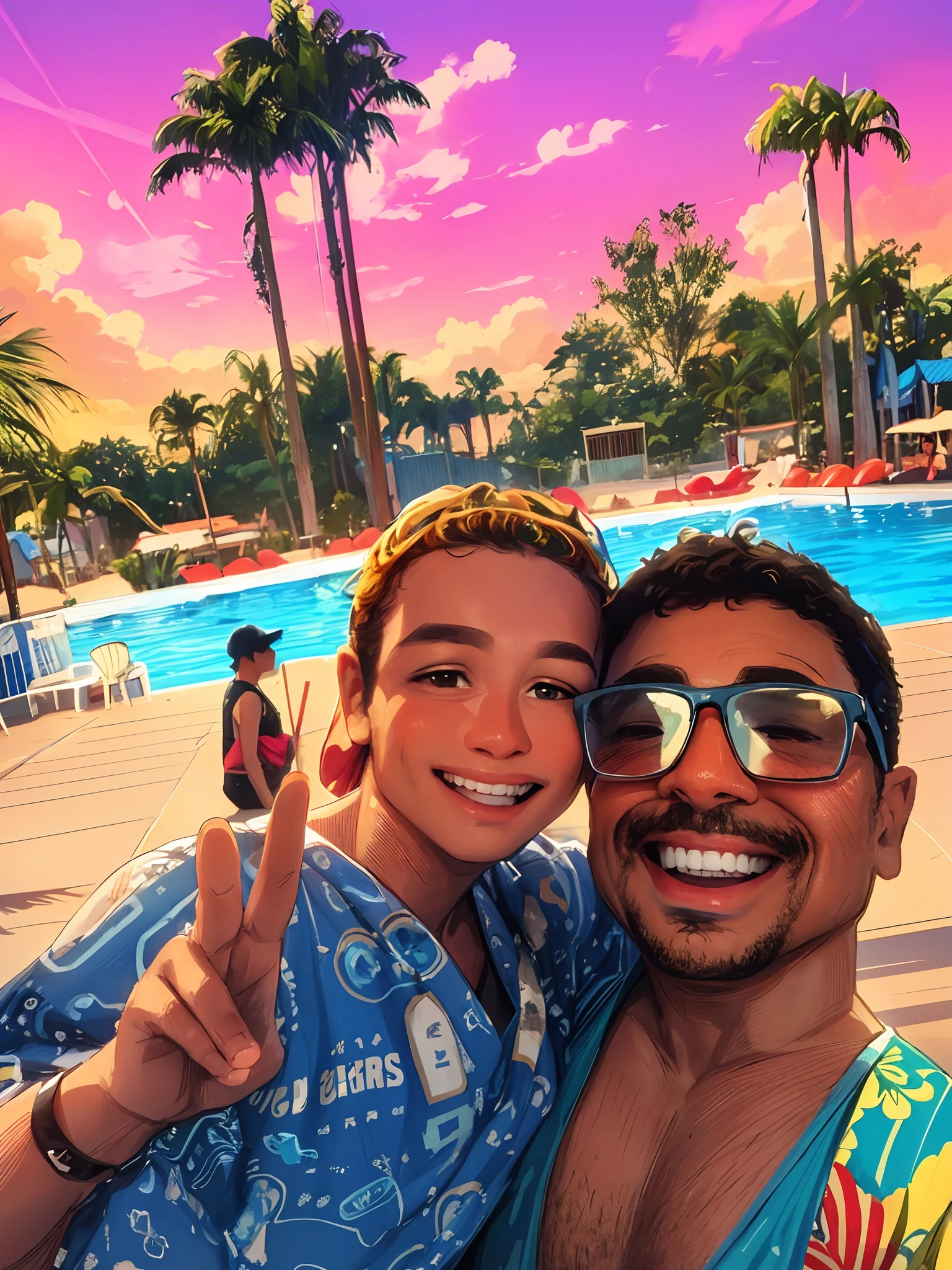 they are posing for a picture in front of a pool, divertindo-se, waterpark, 🌻🎹🎼, taken in the early 2020s, vacation photo, with a kid, Sidney Lugo, palmeiras no fundo, Directed by: Ric Estrada, 4 k post, Postagem 4k, Directed by: Jacob Steinhardt, andres rios