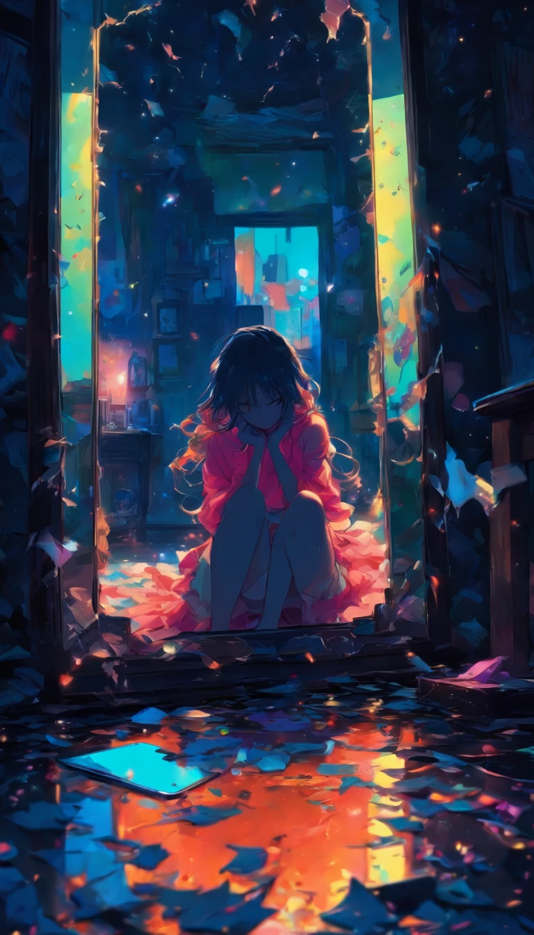in the dark.Looking down and not seeing her face. A woman in a broken mirror. The room is a mess. A cell phone and a hand mirror are on the floor. Fantastic. High quality in every detail. Big people.