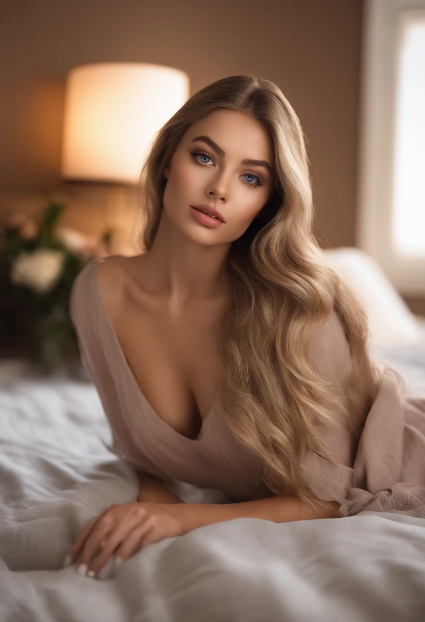 arafed woman fully , sexy girl with blue eyes, ultra realistic, meticulously detailed, portrait sophie mudd, blonde hair and large eyes, selfie of a young woman, bedroom eyes, violet myers, without makeup, natural makeup, looking directly at the camera, face with artgram, subtle makeup, stunning full body shot kneeling on bed, in bedroom, large size bust
