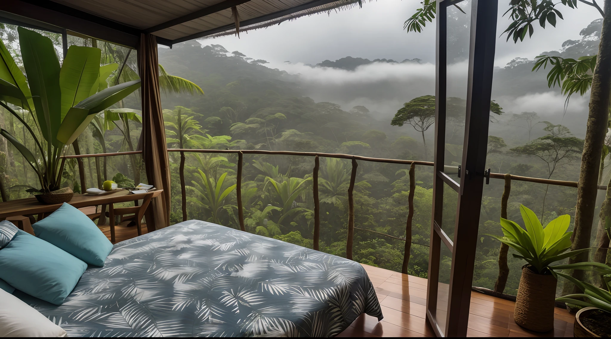 Cama Arafed em um quarto com vista para a selva, floresta de nuvens em segundo plano, floresta nublada, mountainous jungle setting, Selva nebulosa no fundo, Selva colombiana, Belas vistas, floral jungle treehouse, in the background is lush jungle, vista, com vista para uma vasta floresta serena, jungle setting, selva no fundo, cozy treehouse bedroom, the window is open