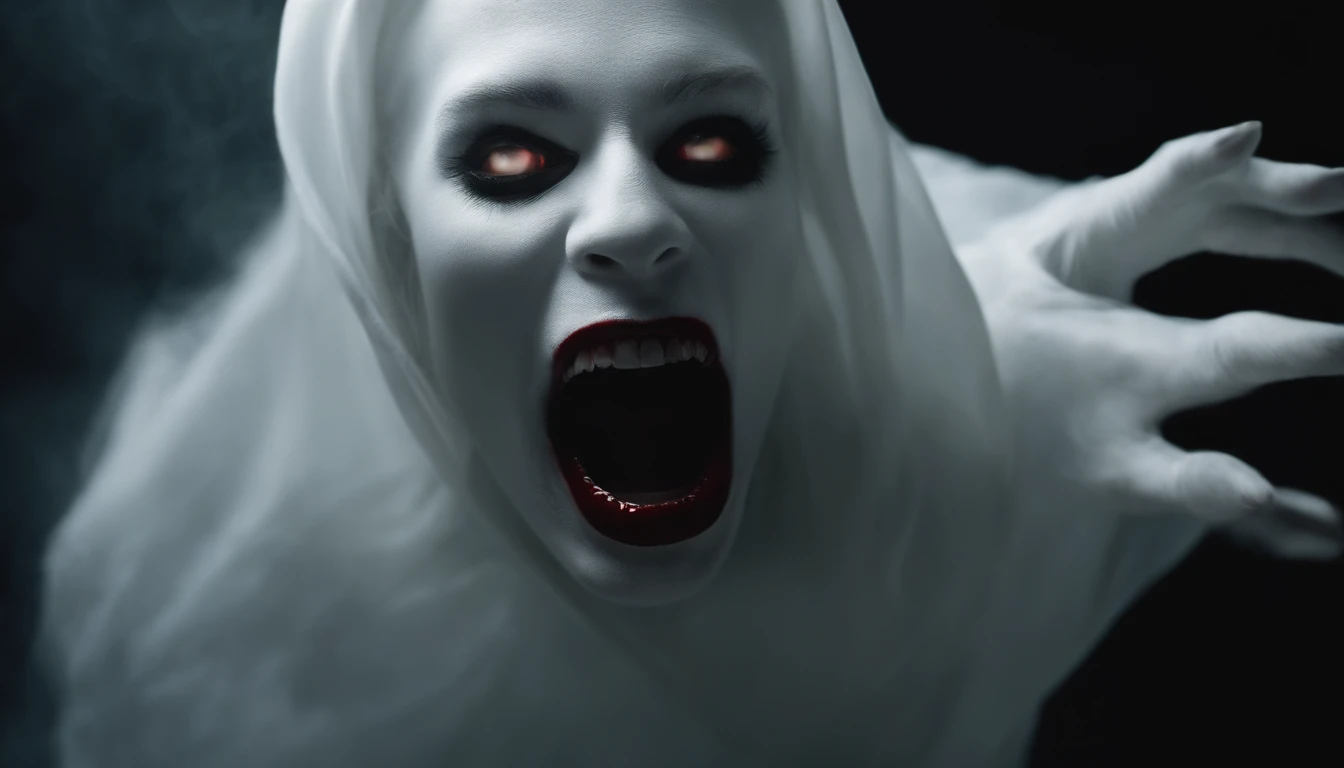 a white ghost with 4 hands, the hands are coming towards the front, the body is floating, the eyes are big and black, the mouth is open wide, it has some spots of blood in the corner of the mouth