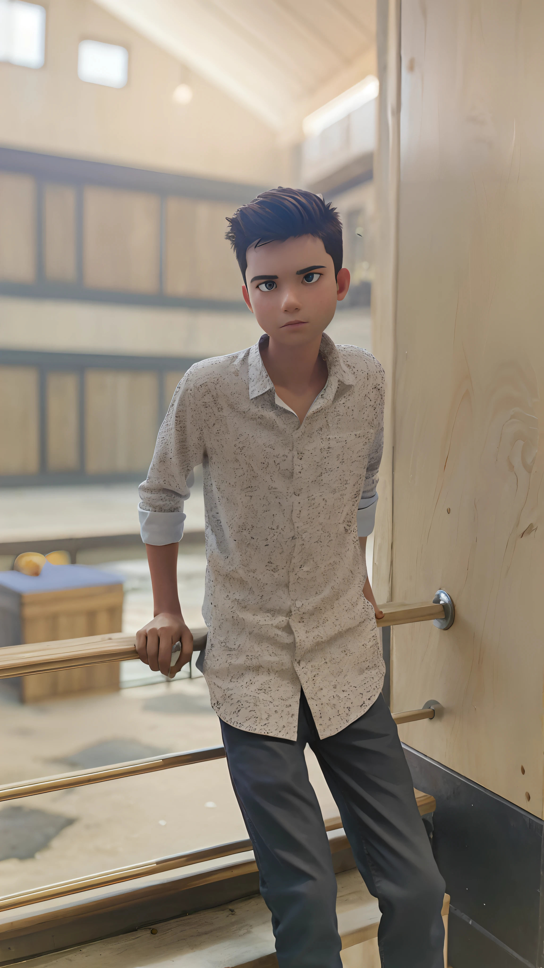 The image features a young boy sitting on a wooden bench, which is located near a fence. The boy is wearing a black shirt and appears to be looking at the camera. The bench is positioned in the middle of the scene, with the fence extending to the left and right sides of the image. The boy's posture and the presence of the bench suggest that this could be a park or a similar outdoor setting.Gere essa imagem no estilo de anima
