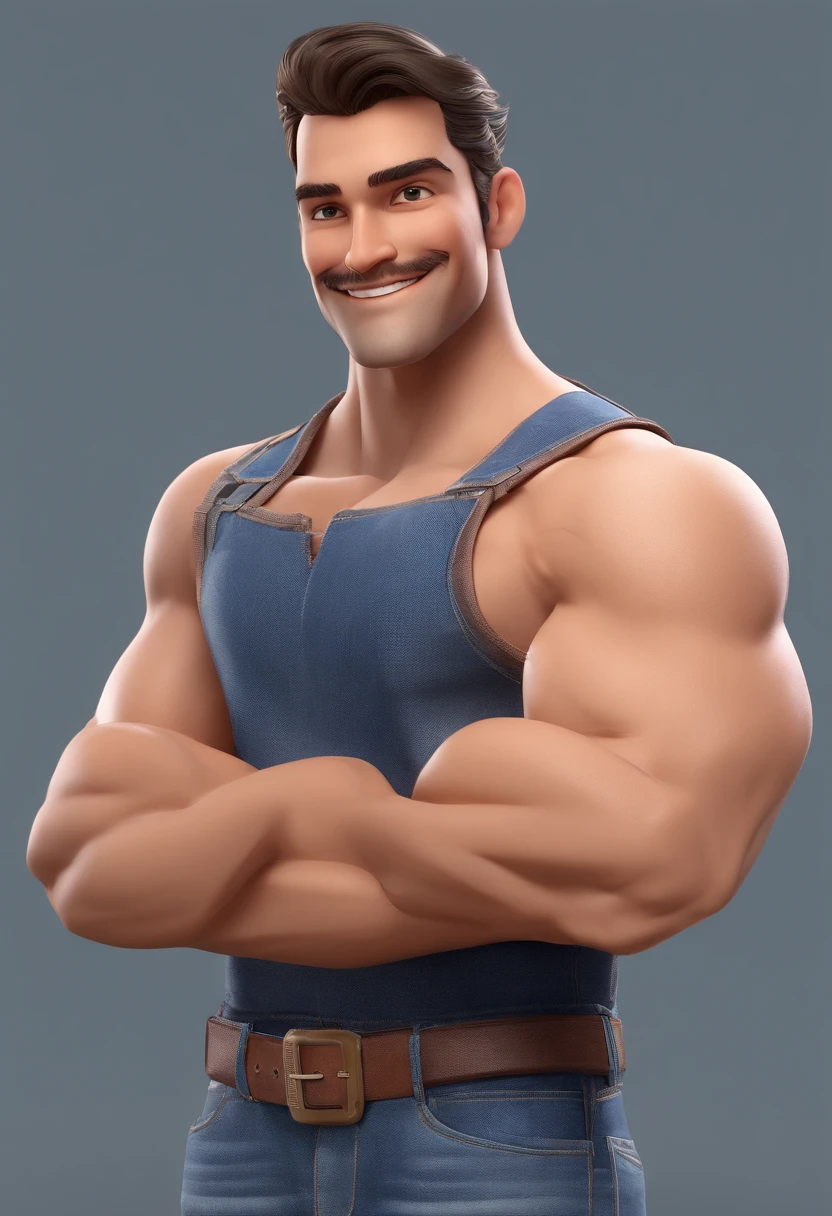Adult man smiling with arms crossed, de corpo inteiro ,vestindo camisa jeans, Denim Jeans Pants, sapato marron, cabelo curto preto , nariz grande, olhos castanhos, Athletic lean body, estilo filme Disney Pixar