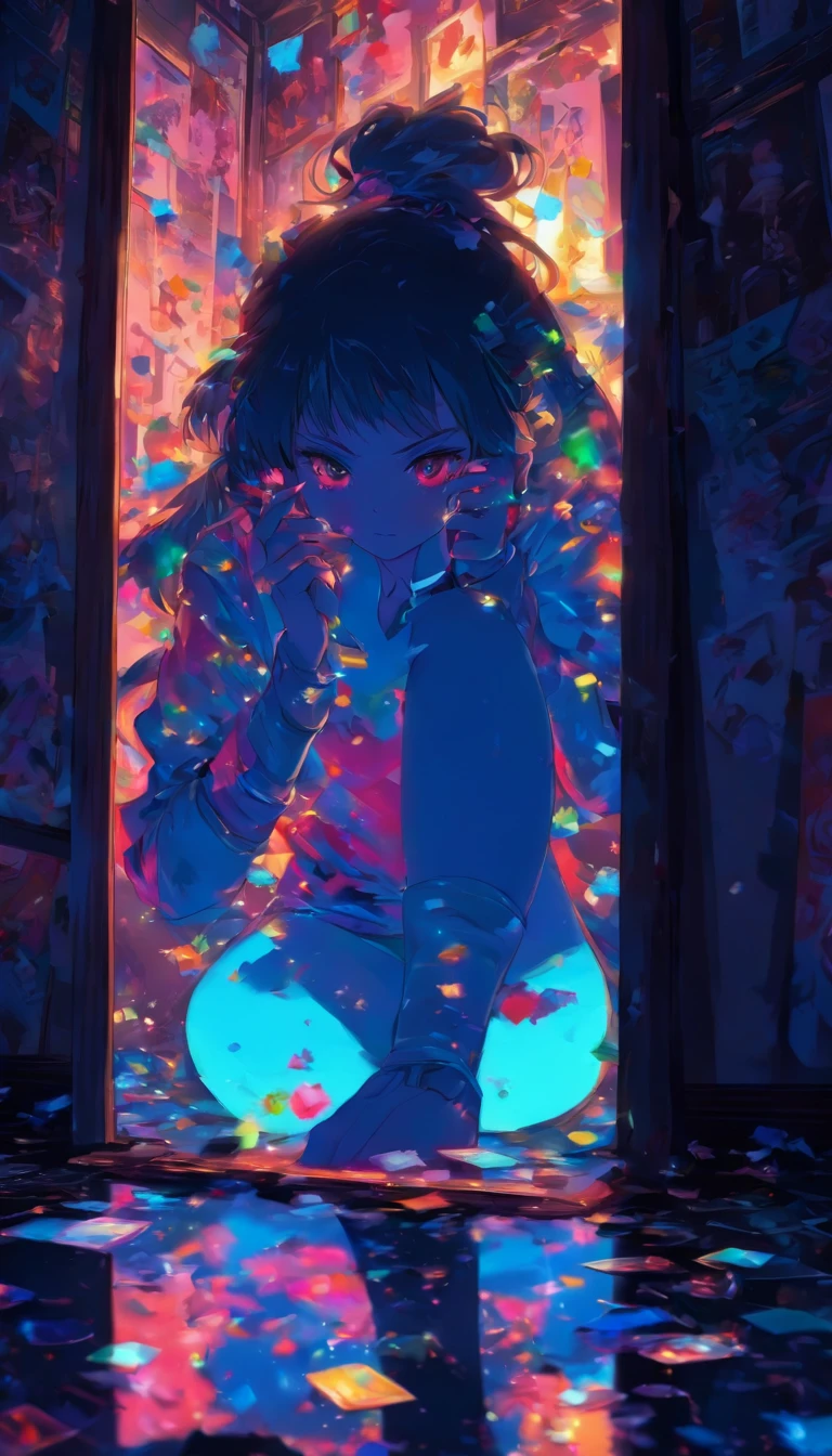 in the dark.Looking down and not seeing her face. A woman in a broken mirror. The room is a mess. A cell phone and a hand mirror are on the floor. Fantastic. High quality in every detail. Big people.