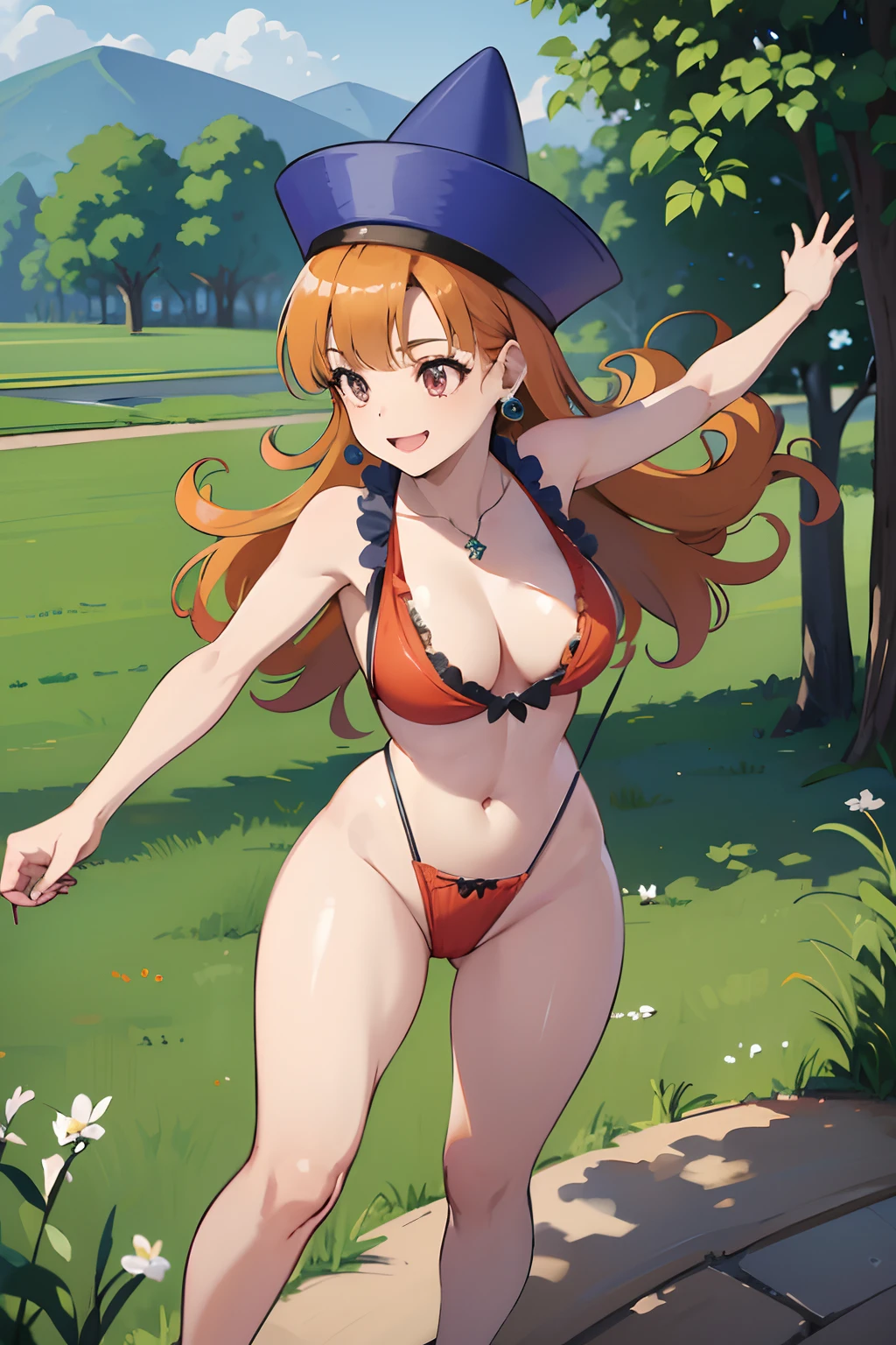 1girl in、hight resolution、​masterpiece、Alena \(DQ4\)、Hats、globe、Jewelry、earrings、A slender、Short stature、Orange hair、slingshot、Pink swimsuit、plein air、Large grasslands、Smiling smile、Attacking with your feet、Highkick