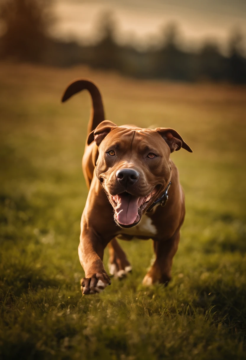 Pit Bull、Run towards this side、Brown body hair、Mouth open、Running on the lawn、Blue sky in the background