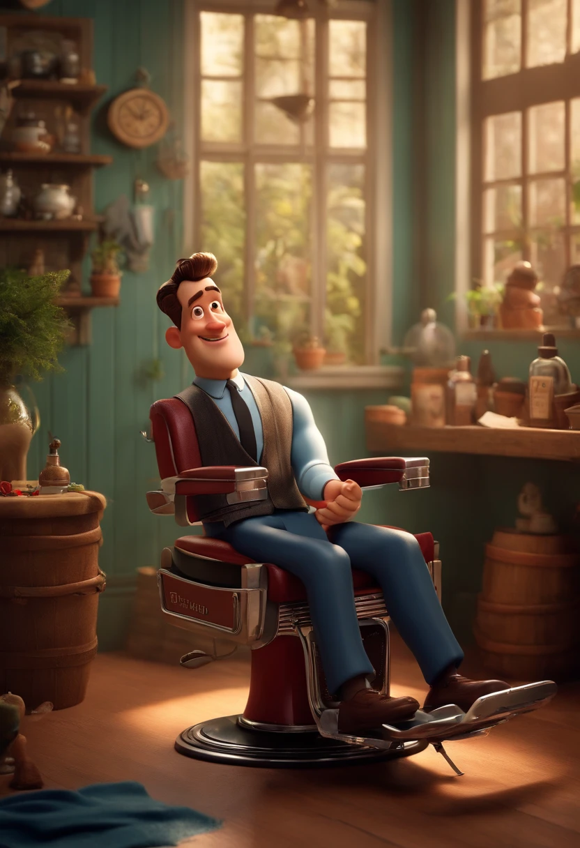 A Dream Barber Inspired by Pixar Animation, de perto. The character takes center stage with captivating facial expressions, oferecendo um toque de irrealidade, Cabelo curto e gordinho gradiente