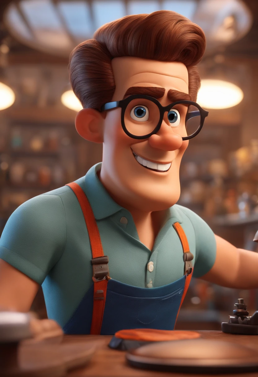 A Dream Barber Inspired by Pixar Animation, de perto. The character takes center stage with captivating facial expressions, oferecendo um toque de irrealidade, Cabelo curto e gordinho gradiente