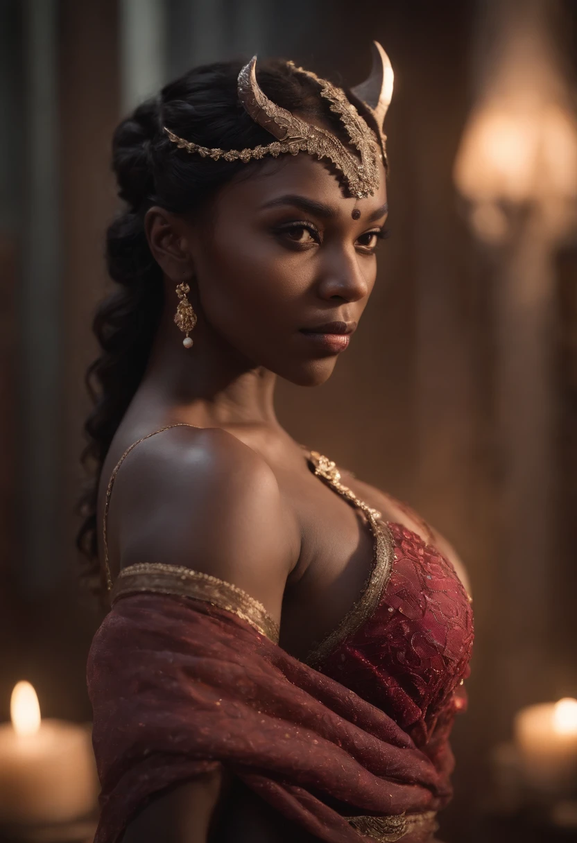 Dark-skinned Demon Queen, NSFW, gordura, Peitos grandes, quadris grandes, bumbum grande, perfectly proportions, olhos perfeitos, Real-life cores, elegante, foco nítido, hiper-realista, altamente detalhado, RISTY, dramatic lighting, Conceptual resolution Art 8k by Greg Rutkowski Hyper-detailed dynamic lighting Triadic dynamic lighting color splash art trend Artstation Unreal Engine 5