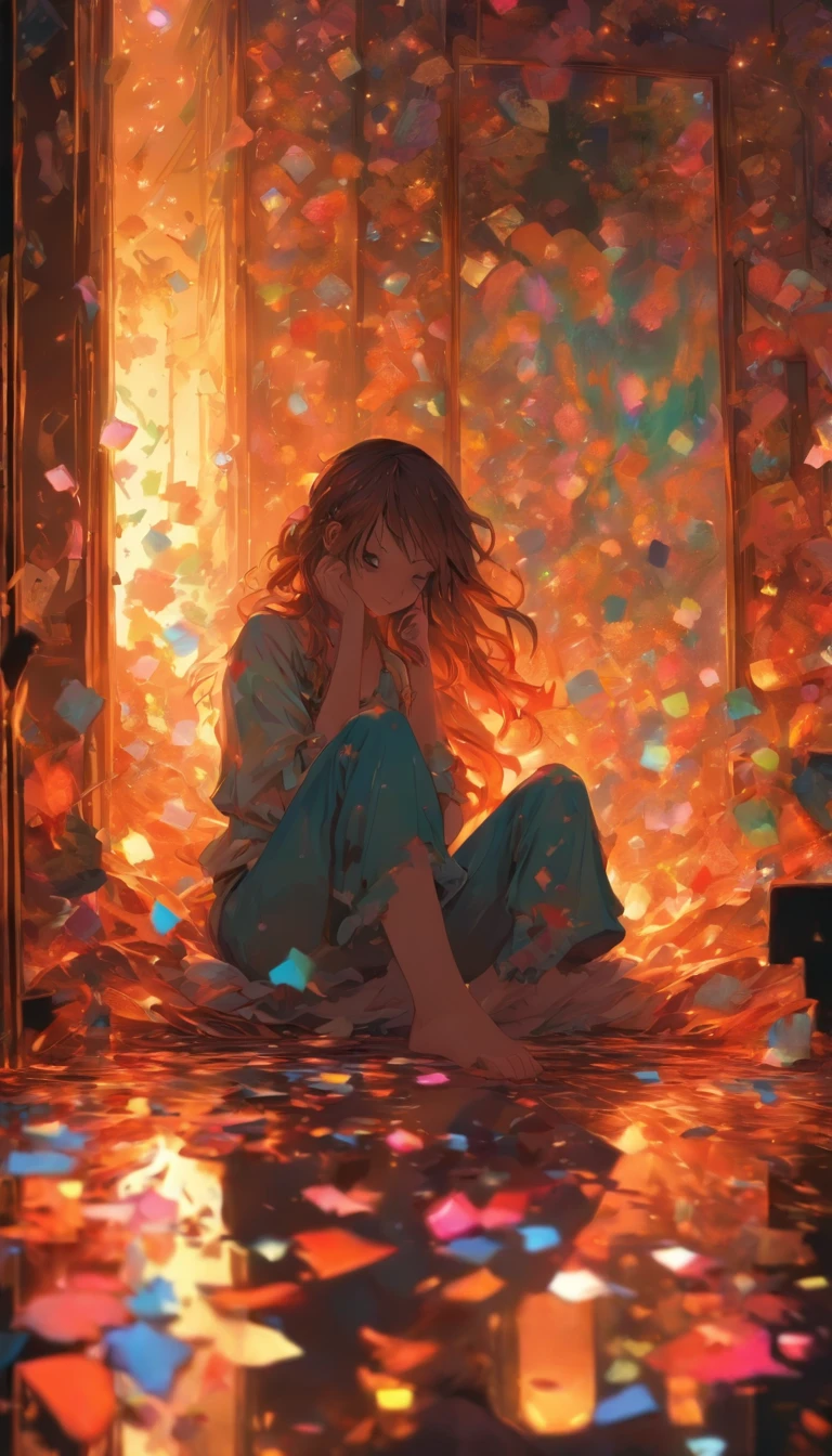 in the dark.Looking down and not seeing her face. A woman in a broken mirror. The room is a mess. A cell phone and a hand mirror are on the floor. Fantastic. High quality in every detail. Big people.