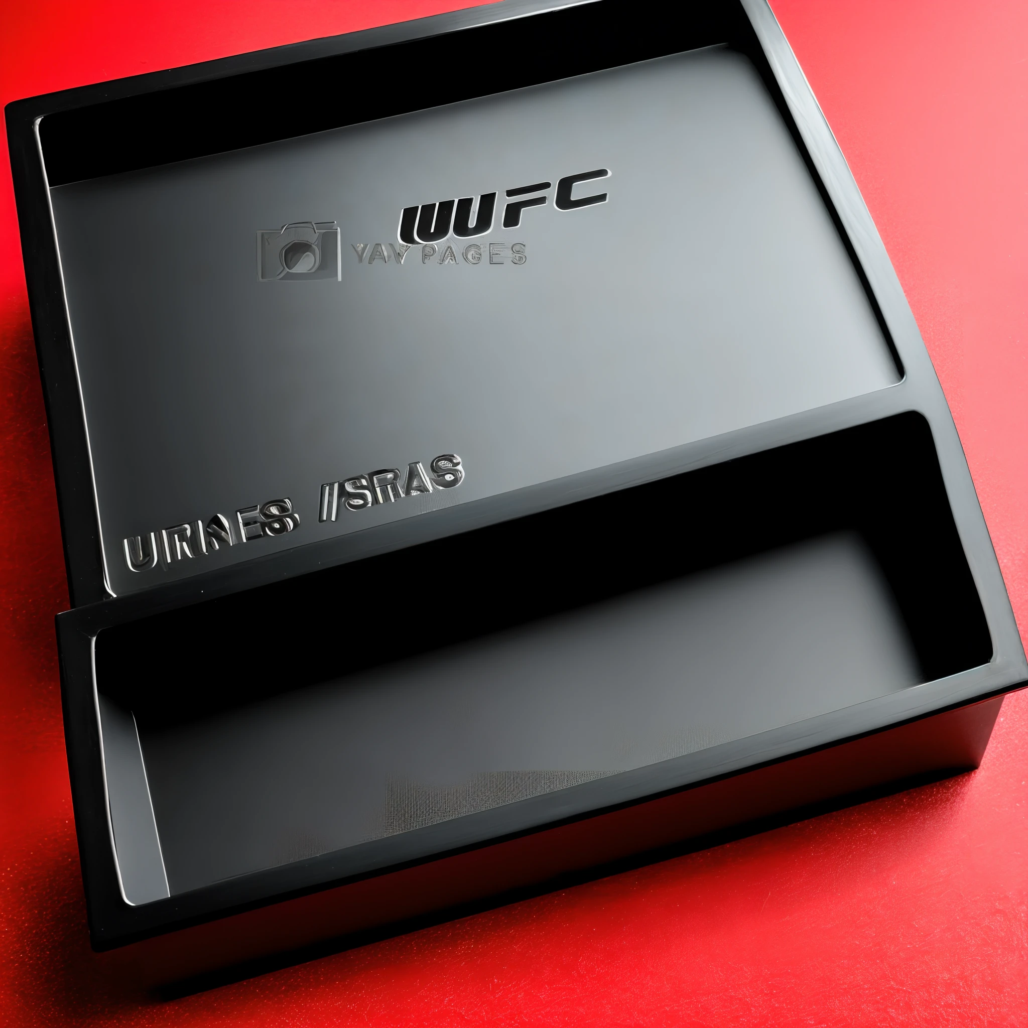 Image of UFC belt inside a clear acrylic box with the base in acrylic in black color with gold LED light inside the box at the base. Abstract smoky style background