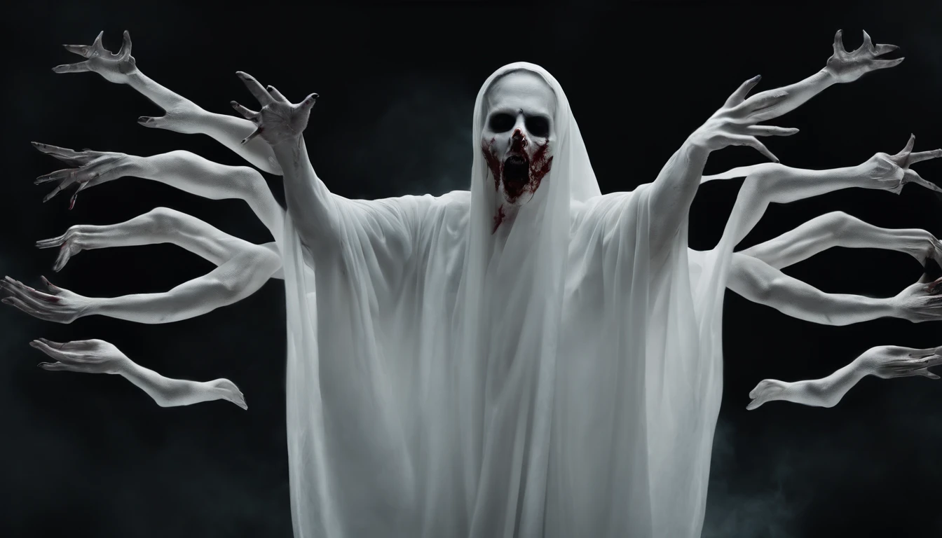 a white ghost with 4 hands, the hands are coming towards the front, the body is floating, the eyes are big and black, the mouth is open wide, it has some spots of blood in the corner of the mouth