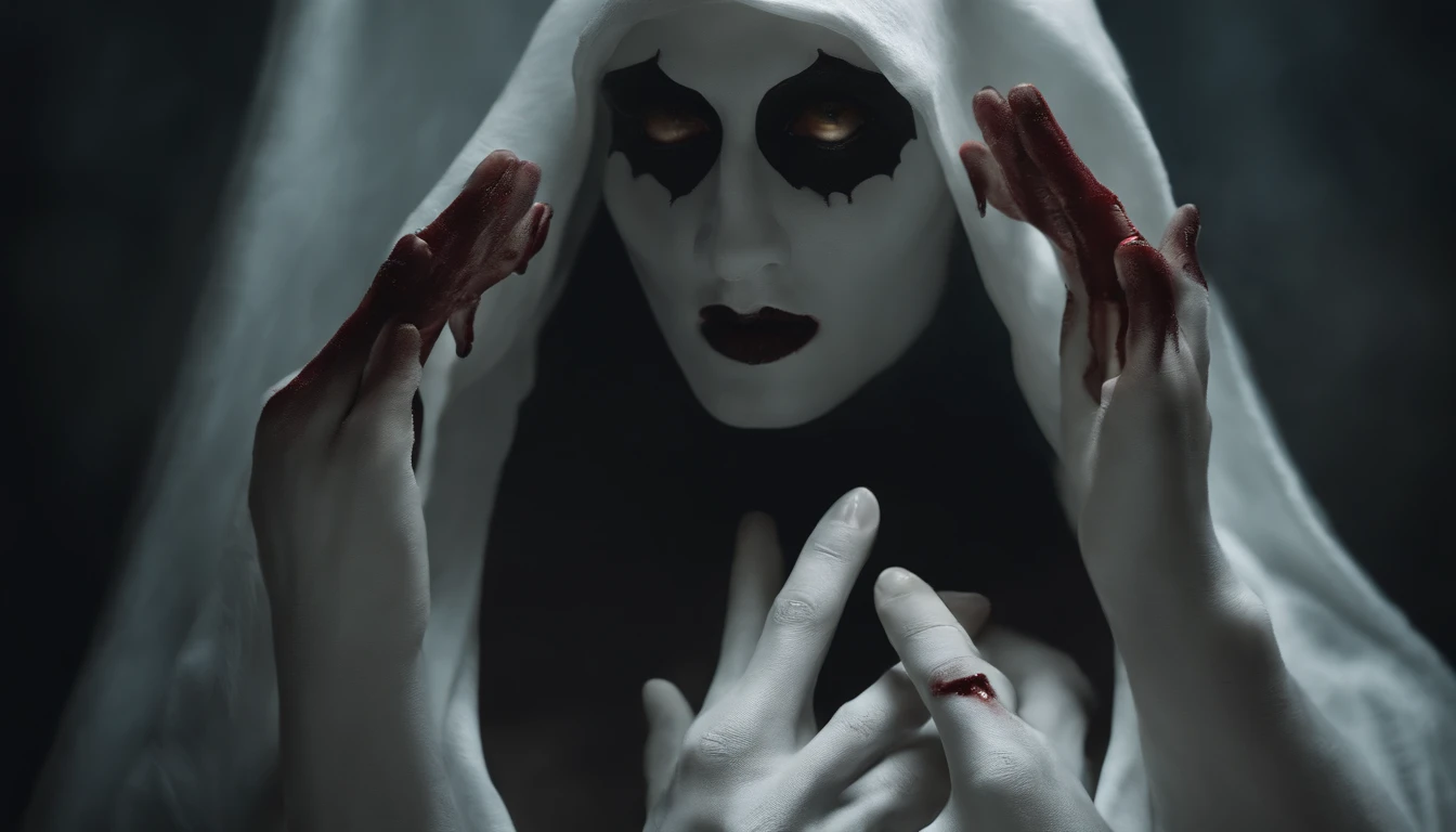 a white ghost with 4 hands, the hands are coming towards the front, the body is floating, the eyes are big and black, the mouth is open wide, it has some spots of blood in the corner of the mouth