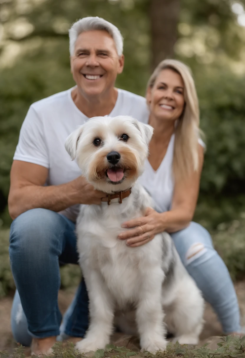 Pixar. Casal com um filhote de cachorro west terrier branco. A mulher tem os cabelos loiro escuro amarrado. Camiseta cinza e jeans claro. O homem de cabelos pretos, jeans and gray t-shirt. They are both smiling and are 35 years old, they are both chubby