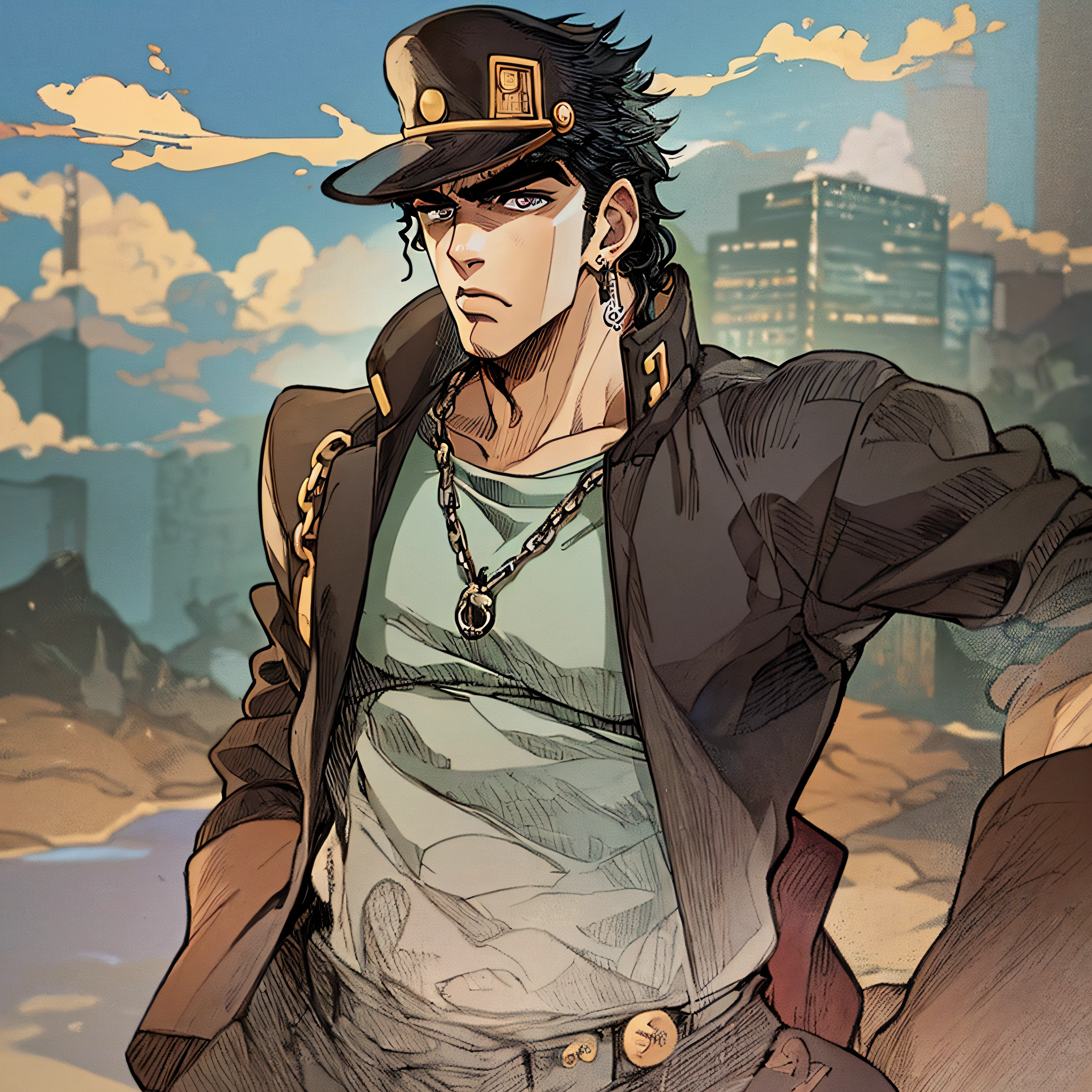 Jotaro Kujo、high-level image quality、top-quality、masutepiece, Best Quality, Highly detailed face、Inner shirt、Burgundy shirt、Black jacket、Black hat、 Perfect Anatomy:5], (Jotaro Kujo, Solo), (Detailed eyes, Black hair), 1boy,  Medium length hair, Male Focus, chain, Stud earrings, deadpan、Beautiful Landscapes、Wasteland、A desert、cowboy  shot、well-muscled、Evening glow、suns、Hair does not protrude from the hat