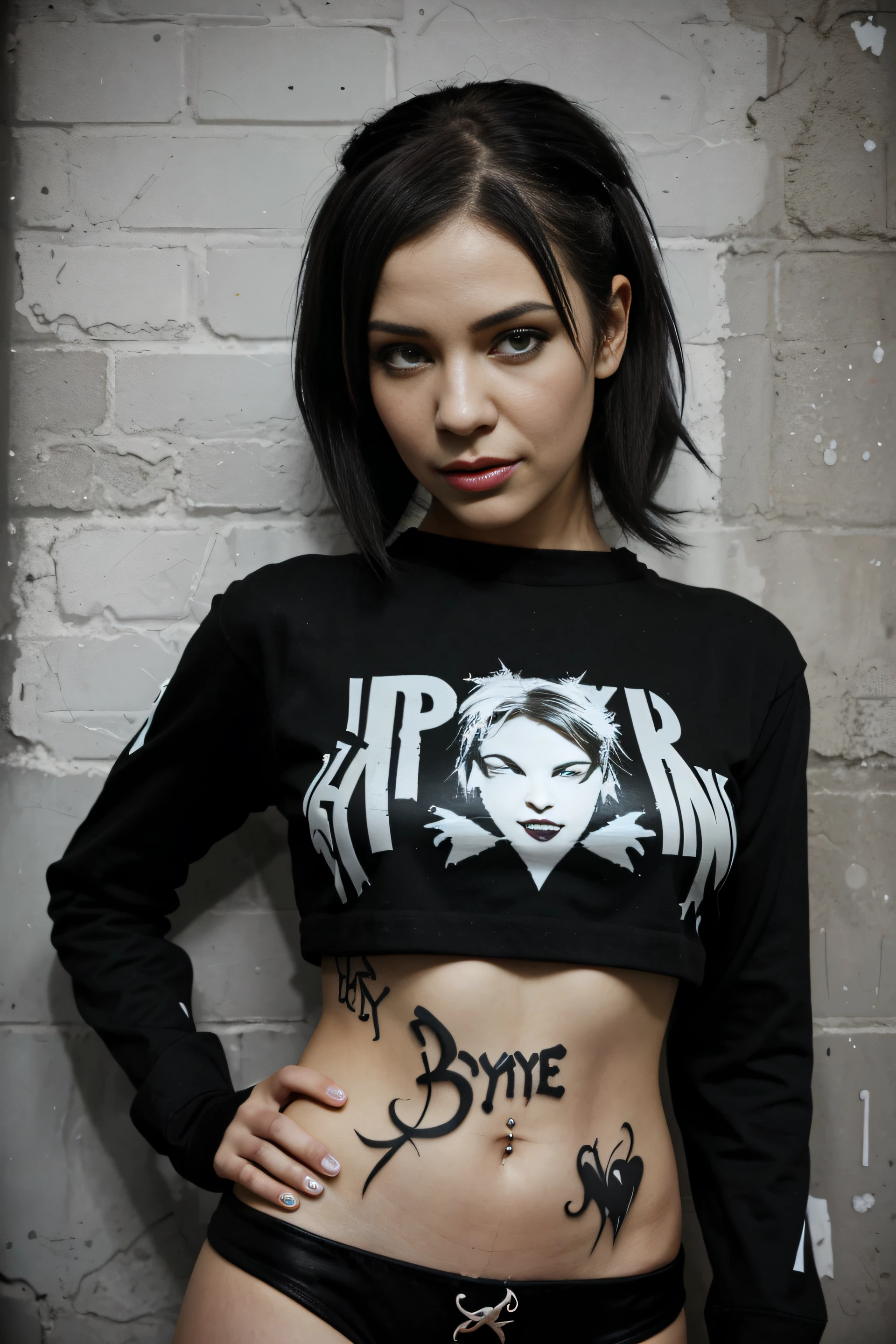(style of banksy), cybergirl, grafitti, black wall background