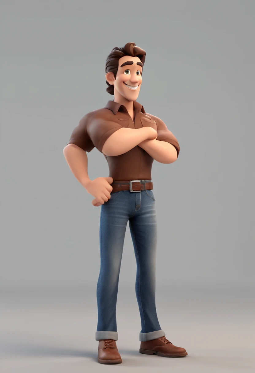 Adult man smiling with arms crossed, de corpo inteiro ,vestindo camisa jeans, Denim Jeans Pants, sapato marron, cabelo curto preto , nariz grande, olhos castanhos, Athletic lean body, estilo filme Disney Pixar