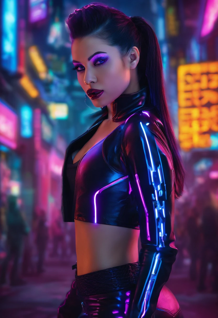 female, 23, black hair, long ponytail, purple latex leggings, latex crop top, stilettos, makeup, black lips, pretty eyes, full_length, pretty face, --auto