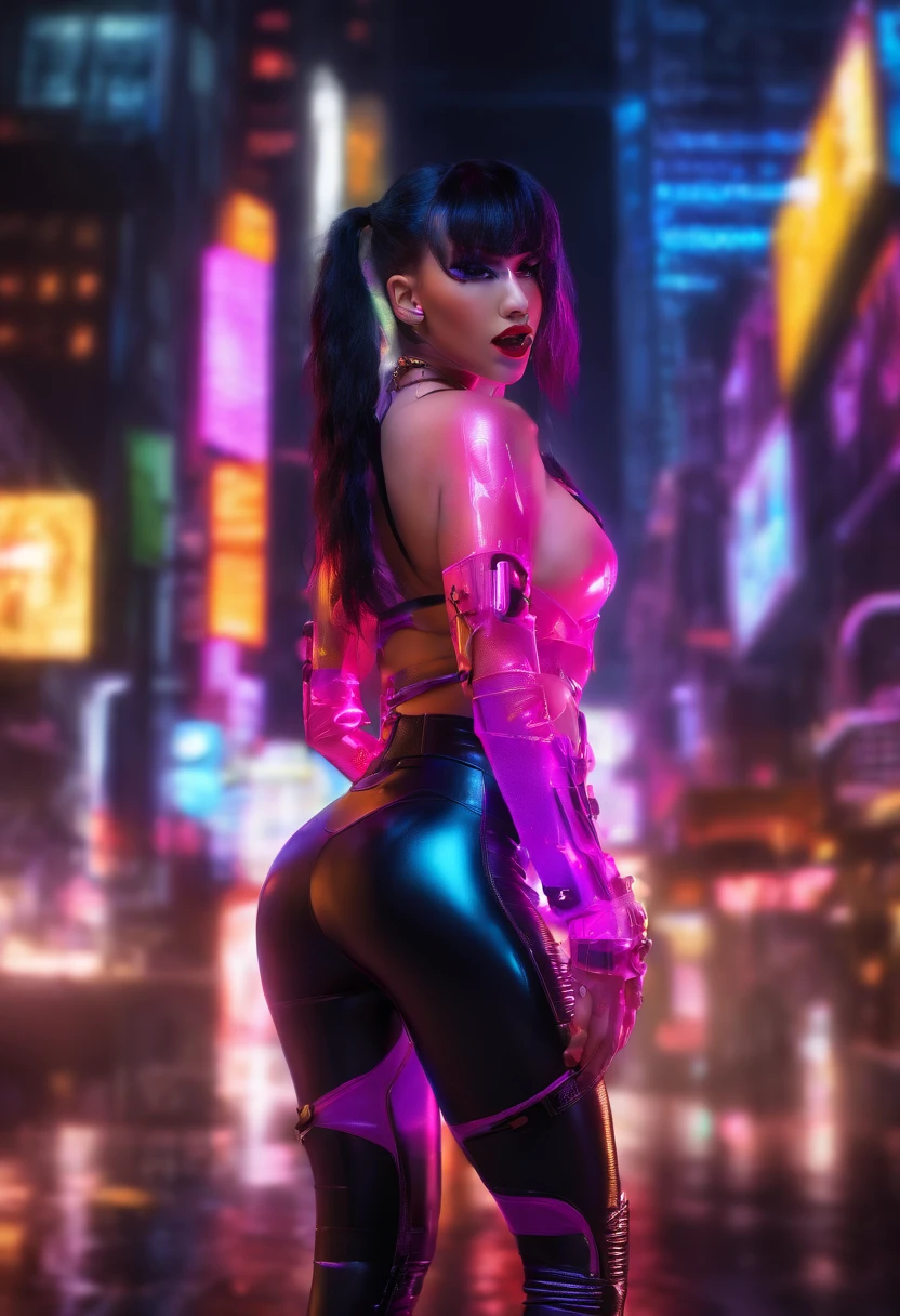 female, 23, black hair, long ponytail, purple latex leggings, latex crop top, stilettos, makeup, black lips, pretty eyes, full_length, pretty face, --auto