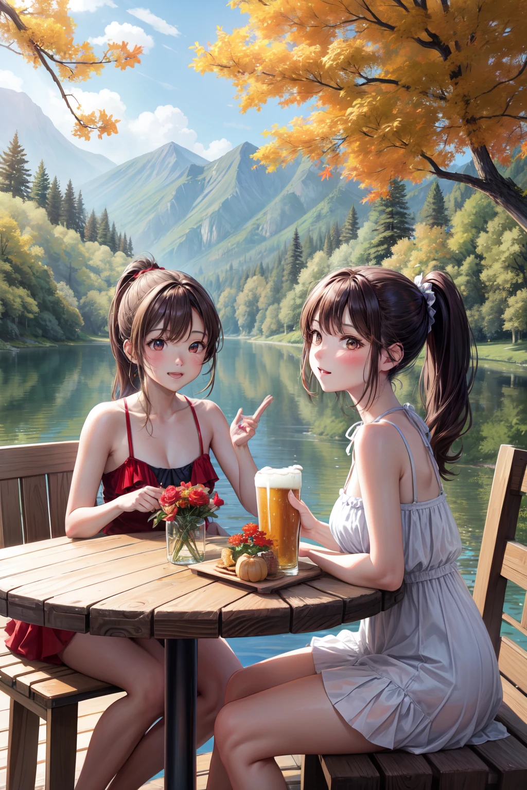hight resolution, top-quality,  ultra-quality, The ultra-detailliert, lighting like a movie、Sit on wooden chairs and tables in the garden、Brown Hair Ponytail、Girls in ruffled bikinis、Holding a beer in one hand、Lake and trees in the background々、Wood deck、autumnal、Trees with autumn leaves々、Red flowers on the table、