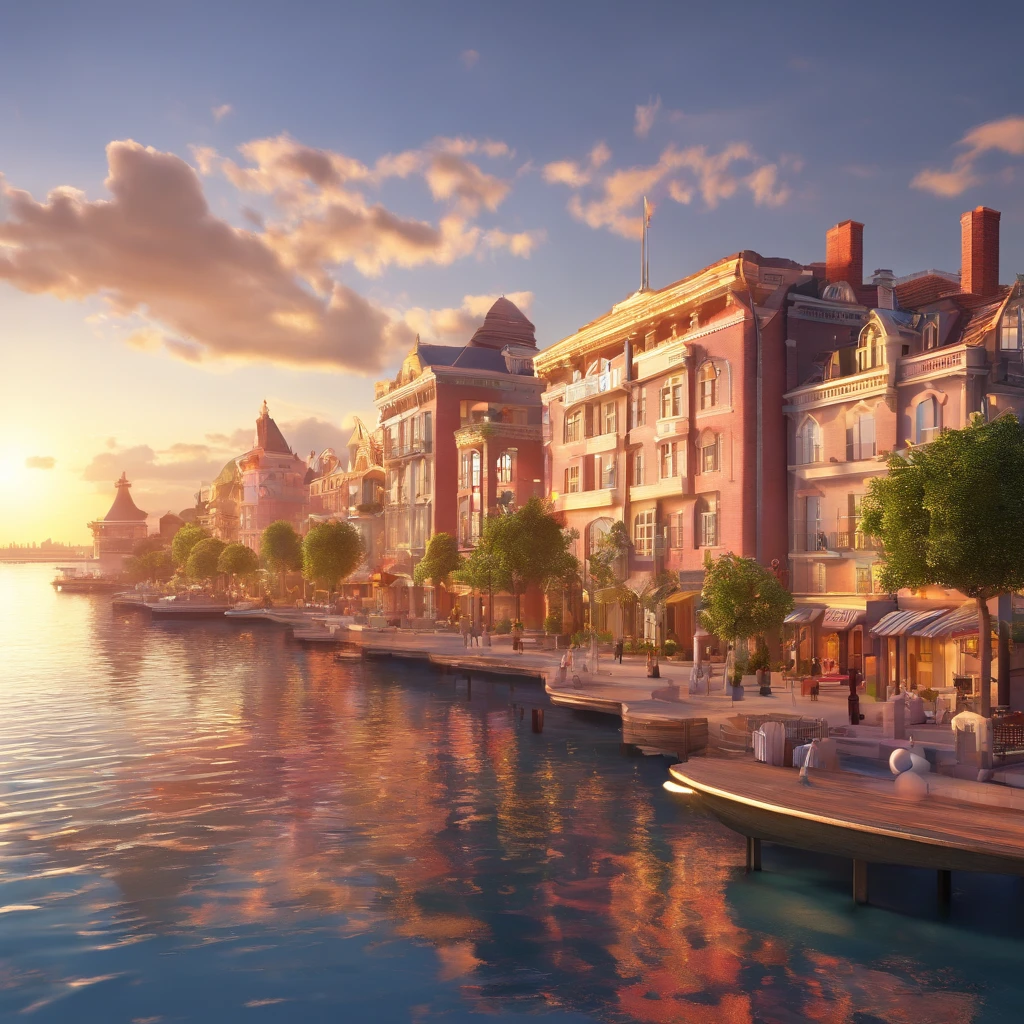 "Make a picture in the Disney Pixar style, a new white fiesta, 4 doors by the sea and on the other bank a city with tall buildings and the sun setting behind the buildings"