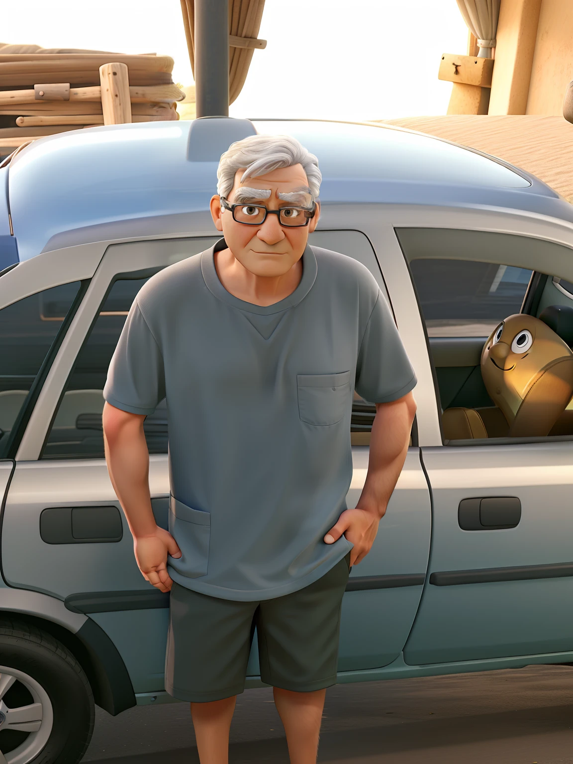 A wise man standing in front and in the background a car