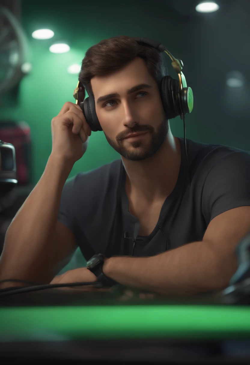 (best quality,4k,highres:1.2),ultra-detailed,realistic,artistic:1.37, a man, soon, short beard, green eyes, wearing headphones, a tool board in the background, Pixar-style image, 3D animated film style, Disney, black t-shirt