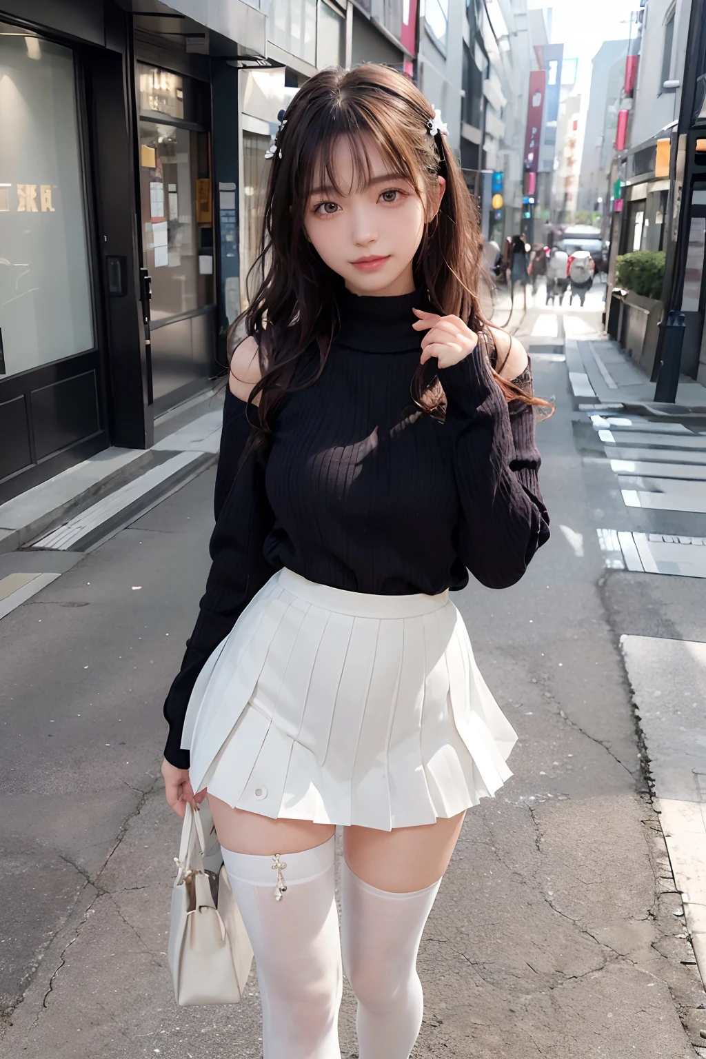 Full body shot, Standing Pose, masutepiece, Best Quality, OriginalPhoto, Absurde, nffsw, 1girl in, Wavy Hair, Long gray brunette, Perfect fingers and slender legs, perfcect big smile, yak,look up at viewer, (((Ginza Street、Mock-up white knit))), intriciate detail:1.3 , Detailed background:1.3, detailed skins, pores, hight resolution, nffsw, beautiful model, Soft light on the face, Bop_Model, mideum breasts, cleavage, ((White Black_Grape pleated skirt)), Black High Heels, Black pantyhose:1.3, hazy_light_Background with,