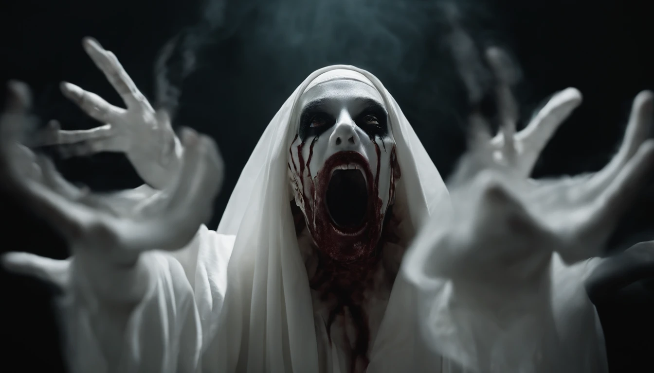 a white ghost with 4 hands, the hands are coming towards the front, the body is floating, the eyes are big and black, the mouth is open wide, it has some spots of blood in the corner of the mouth