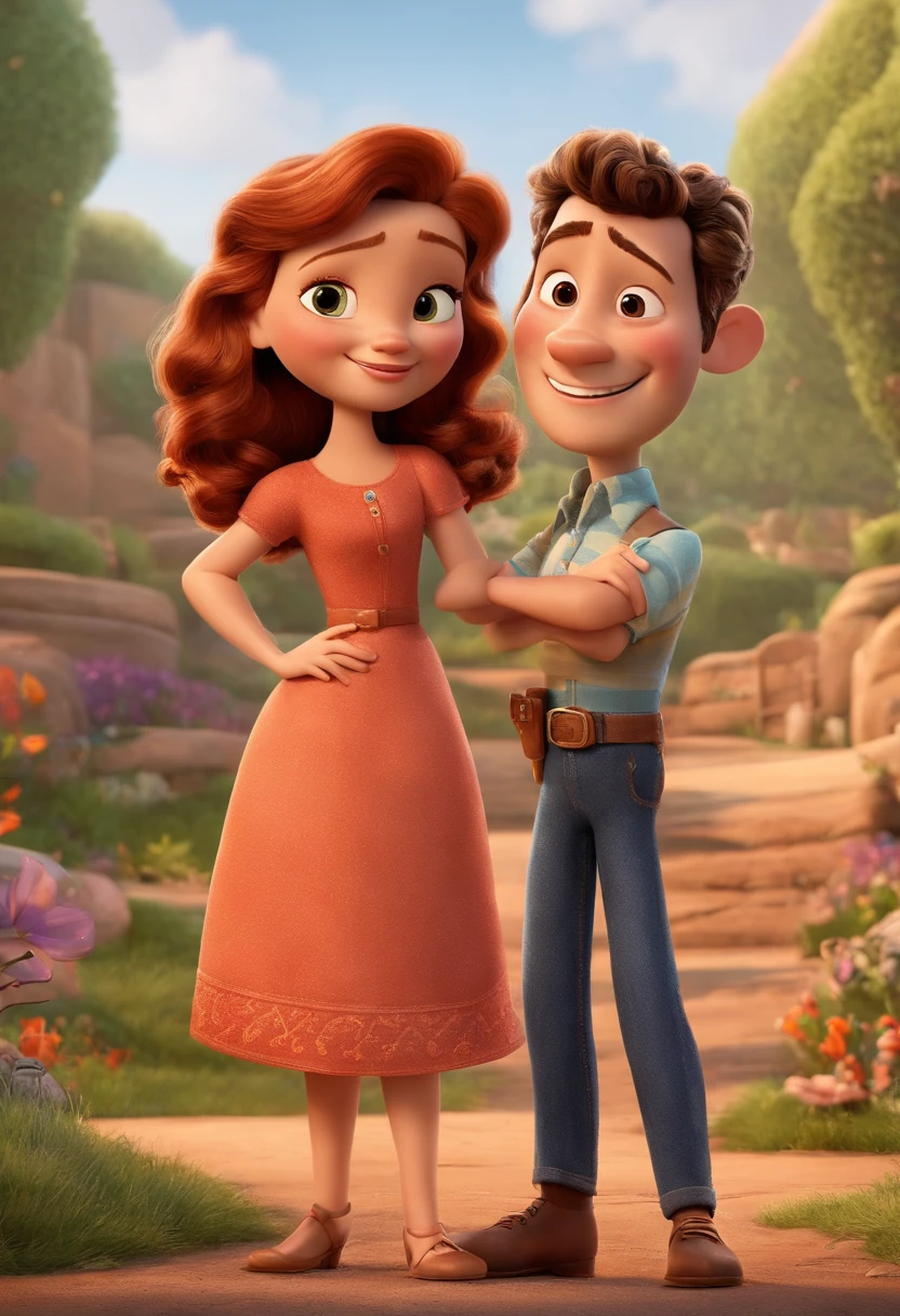 crie um poster de um filme PIXAR mantendo o estilo pixar do personagem onde mostre um casal com uma filha de 2 anos no colo. O homem tem pele latina COM APROXIMADAMENTE 80KG, cabelo bem curto,, The woman is blonde with long hair, mais baixa que o homen, e a filha tem cabelos enrolados. Don't forget to keep the pixar style of the characters