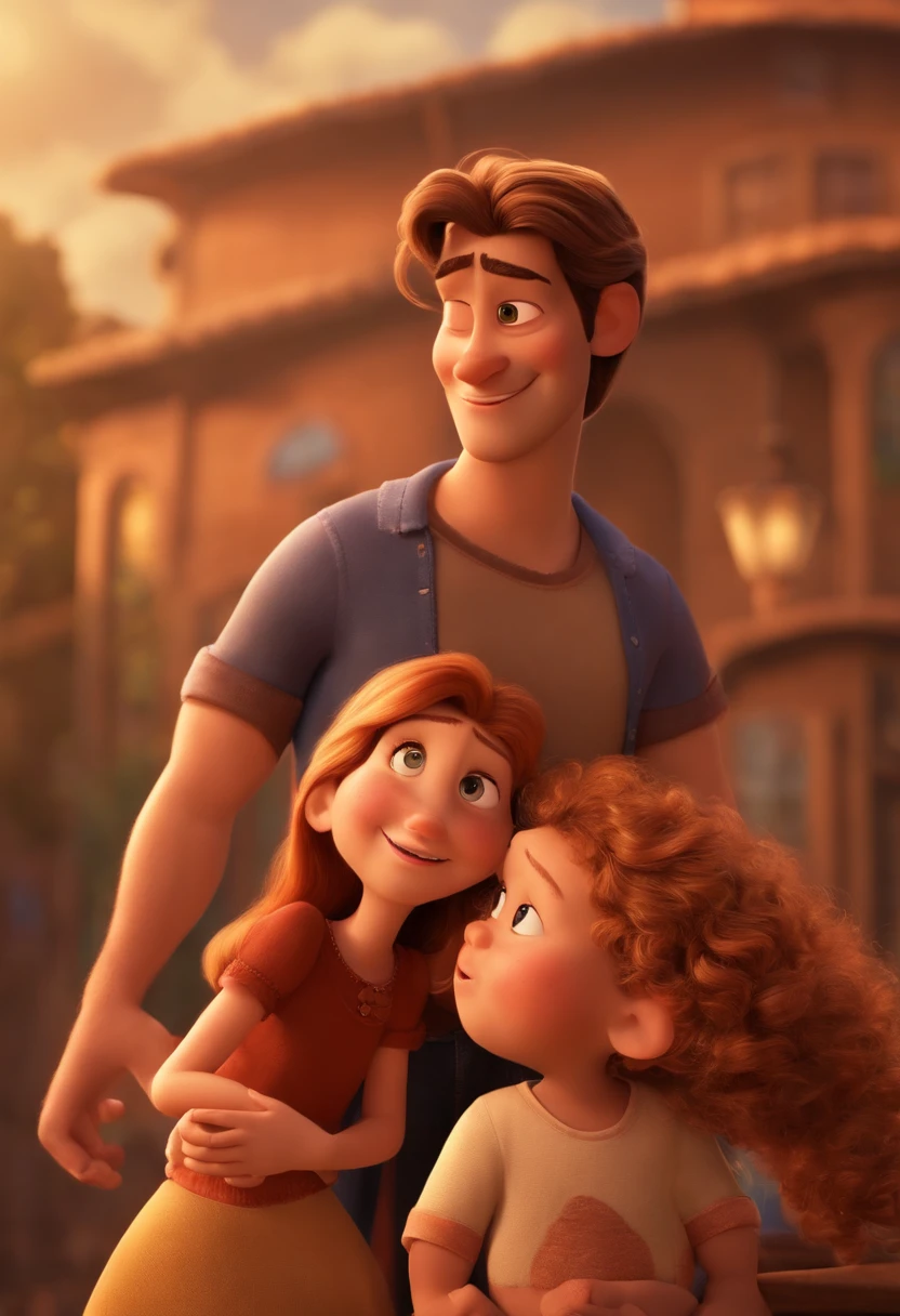 crie um poster de um filme PIXAR mantendo o estilo pixar do personagem onde mostre um casal com uma filha de 2 anos no colo. O homem tem pele latina COM APROXIMADAMENTE 80KG, cabelo bem curto,, The woman is blonde with long hair, mais baixa que o homen, e a filha tem cabelos enrolados. Don't forget to keep the pixar style of the characters