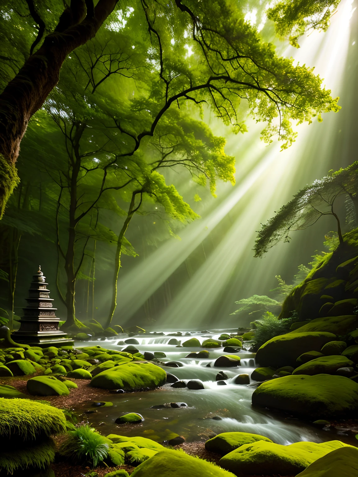 (best quality,4k,8k,highres,masterpiece:1.2),ultra-detailed,physically-based rendering,professional,strong druid,bearded Indian man,wearing golden big crown,wrinkled face,powerful muscles,joint hands,wise eyes,dark blue robe,holding a staff,magical runes,ancient tree in the background,misty forest,soft sunlight filtering through the trees,enchanted atmosphere,mythical creatures in the distance,moss-covered stones,serene and tranquil,color palette with earthy tones,subtle green and brown shades,calm and mysterious lighting,harmonious blend of warmth and coolness,hinduism, hindu style, indian style
