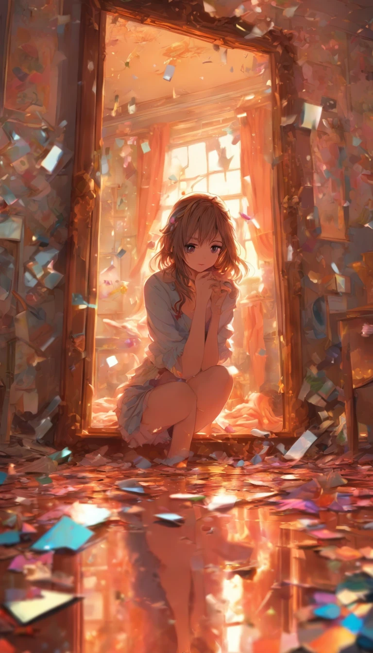 A woman in a broken mirror. The room is a mess. A cell phone and a hand mirror are on the floor. Fantastic. High quality in every detail. Big people.