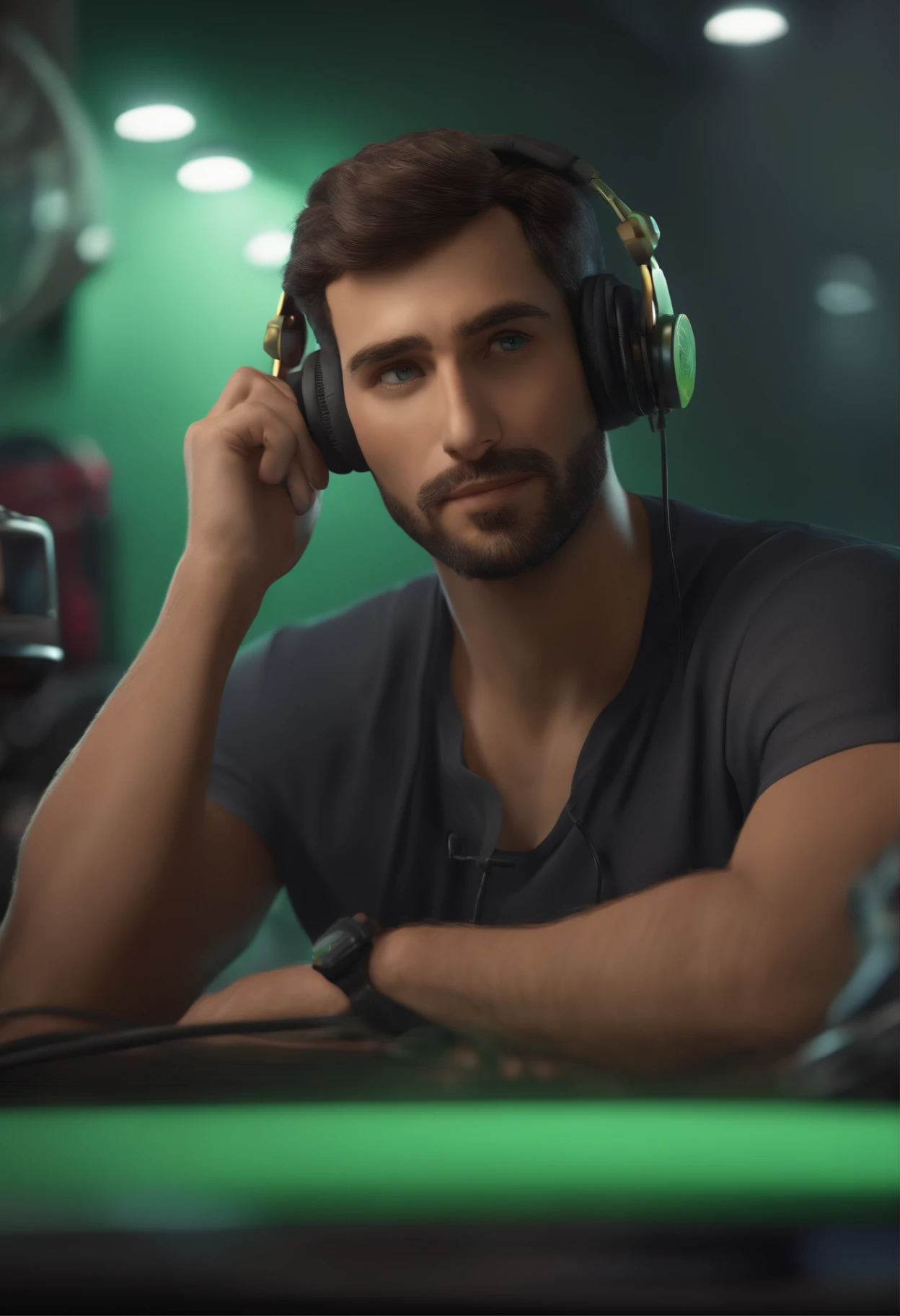 (best quality,4k,highres:1.2),ultra-detailed,realistic,artistic:1.37, a man, soon, short beard, green eyes, wearing headphones, a tool board in the background, Pixar-style image, 3D animated film style, Disney, black t-shirt