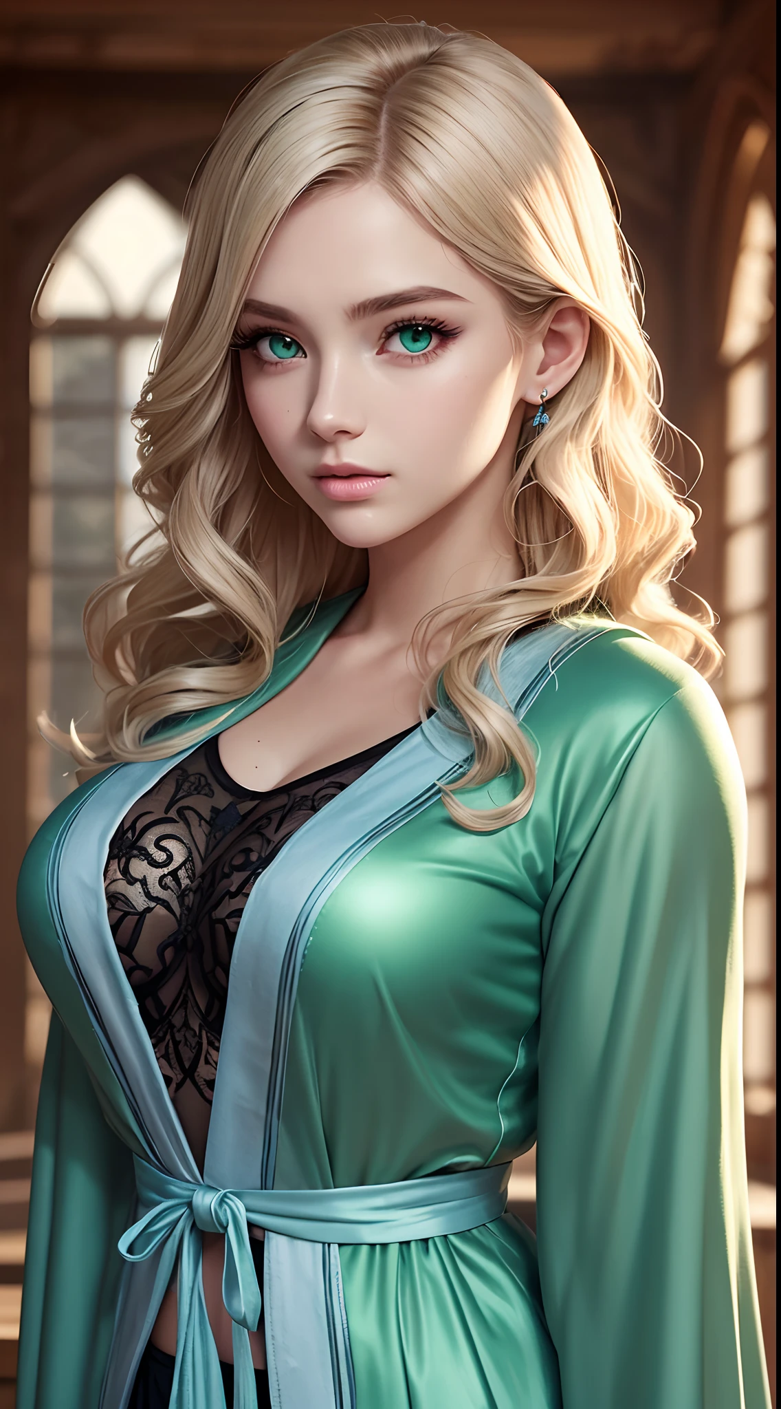 beautiful detailed eyes, beautiful detailed lips, extremely detailed eyes and face, long eyelashes,70 years old woman, woman, beautiful woman, long black waist-length hair, large green eyes, large breasts, nude, standing next to bed, (best quality,4k,8k,highres,masterpiece:1.2),ultra-detailed,(realistic,photorealistic,photo-realistic:1.37),portrait,realism,warm colors,dramatic lighting