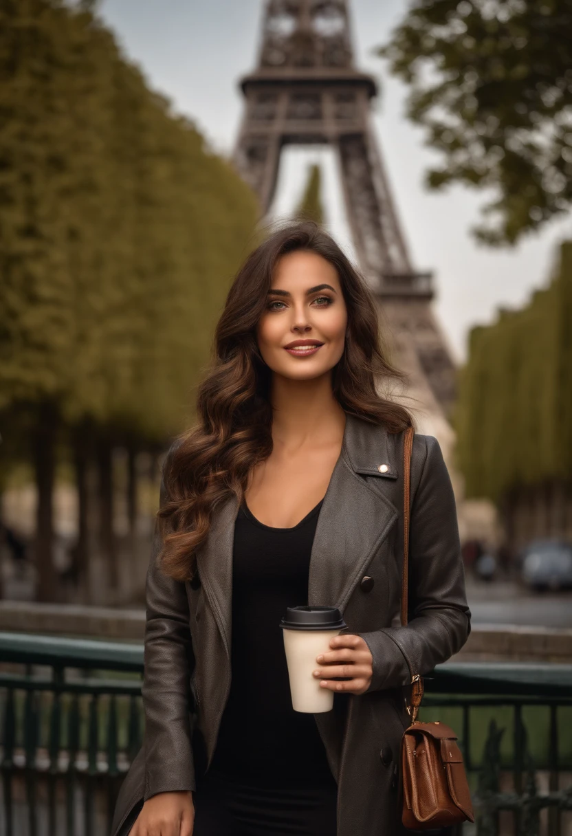 femme pleinement , brune, ultra realist, regarde la camera, Meticulously detailed, cheveux bruns, selfie of a young woman, maquillage naturel, Superbe corps complet, dans la rue, la nuit, costume, exterieur, veste costume, TERASSE of a coffee, le soir, at the Eiffel Tower