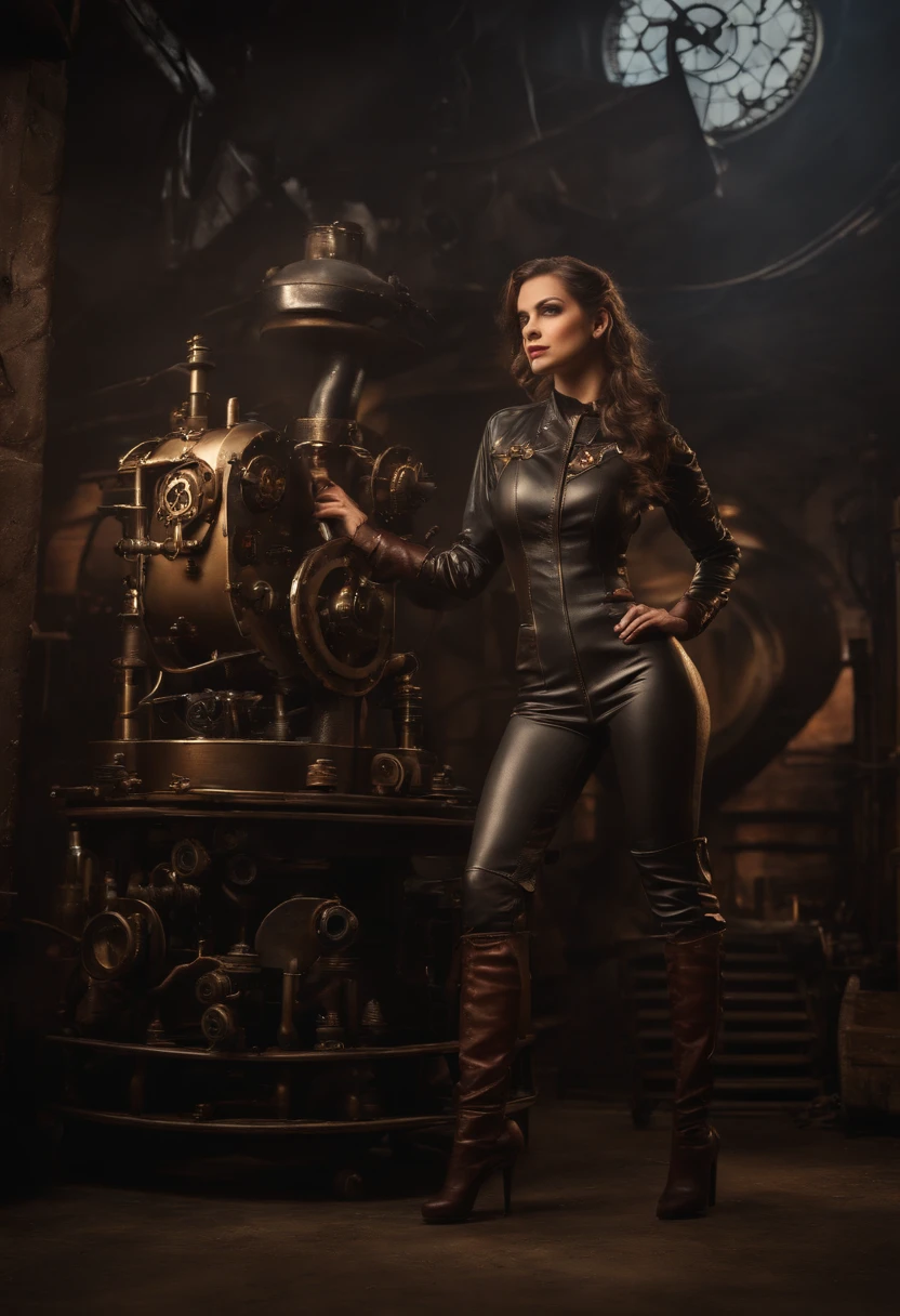 (best quality, 4k, master part :1.3), 1girl, (Steampunk), scenecy, motor de sala Steampunk, reparando motor, Engrenagens, Cogs, vapor, Botas, catsuit, goggles, cara suja, Standing, maquinaria, oil on the floor, Piso sujo