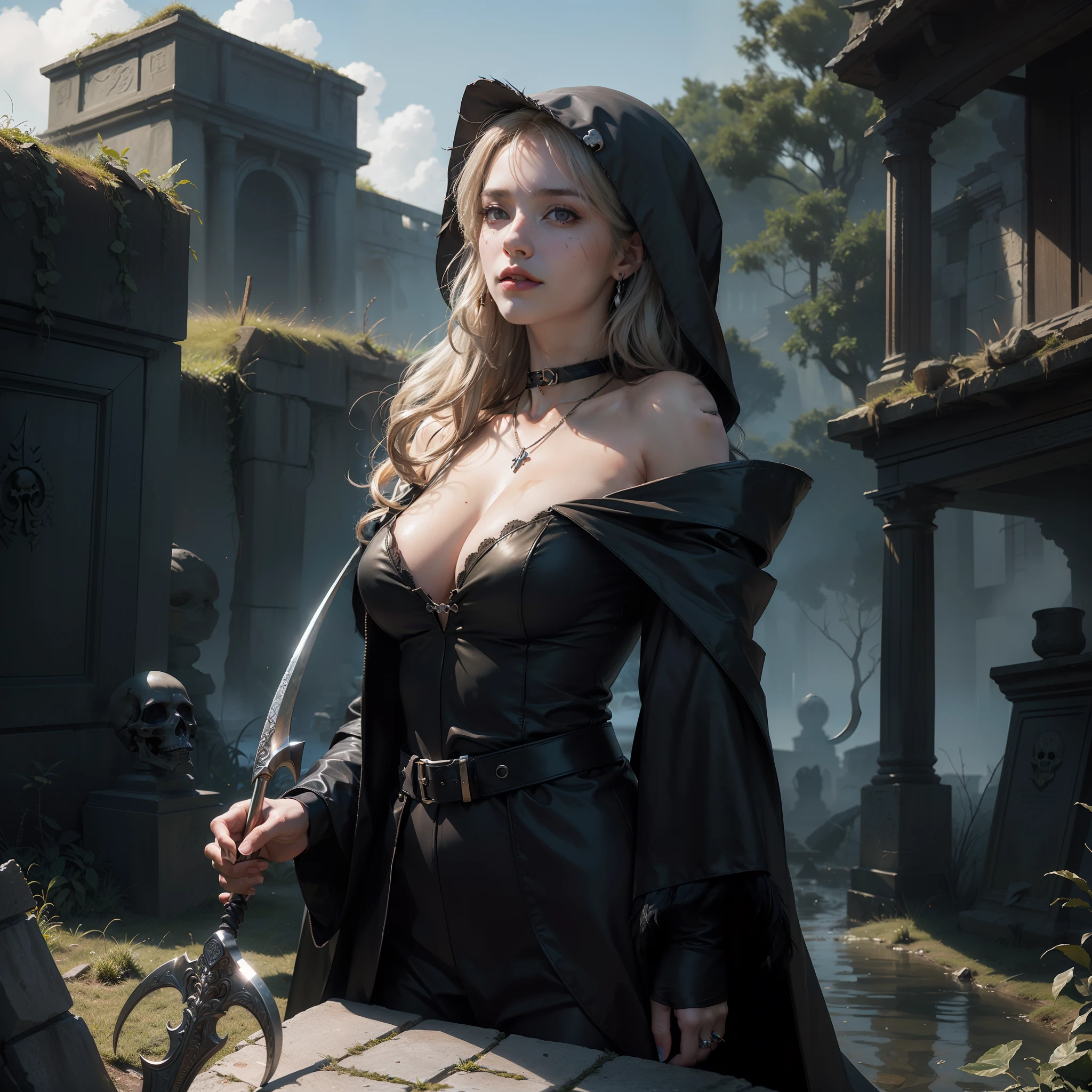 (Numerous award-winning masterpieces, with incredible detail, textures and maximum detail), (hyper realistic:1.4), (realistic:1.3), (whole body image:1.7), (upper body up:0.3), (best quality real texture skin), (finely detailed true circle eyes), (finely Detailed and beautiful face:1.4), (Aesthetic and decadent image:1.5), ((medieval world)), (grim reaper:1.4), (icy look in the eye), (she has a nasty smile on her face but her eyes aren't smiling:1.3), (It has a soul-reaping scythe in its hand:1.5), (A sack containing reaped souls with a faint glow:1.5), (Eyes that glow red in the dark), (Dramatic Light), sacrificial altar, (A majestic sight), (Magic Circle of Ominous Shine:1.3), Her countenance is gentle and beautiful, but somehow terrifying, (Large wings with ragged black feathers behind shoulders:1.3), (whole body image:1.7), (Wears a dark black hooded robe with intricate patterns:1.2), Folded wings, Earrings with a skull pattern, (Followed by Skeleton Reaper: 1.3), (((dramatic photo))), (twilight), (sunset), (dusk), ((dramatic pose)), (flamboyant photo), (golden hair), (silver hair), (chestnut hair), ((looks up)), ((looking down)), (whole body image:1.7), (Around her neck is a simple necklace of exquisite workmanship), Forgotten Tomb Overgrown with Vegetation, Great Tomb, Underground Labyrinth, Evil Temple Ruins, Sacrificial Temple, Mysteriously, Ancient Castle Ruins, Deserted Graveyard Ruins, Crumbled Ancient Tomb, Stagnant Water Ancient Ruins, Swamp Ruins, Shining majestic cloud masses and sky, lightning bolt, epic realistic, faded, art, (Greg rutkowski:0.8), (teal and orange:0.4), (art station:1.5), cinematic, ((neutral colors)), (hdr:1.5), (muted colors:1.2), hyper detailed, dramatic light, (intricate details:1.1), complex background,