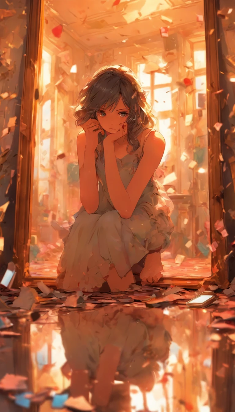 A woman in a broken mirror. A sad expression. The room is a mess. A cell phone and a hand mirror are on the floor. Fantastic. High quality in every detail. Big people.