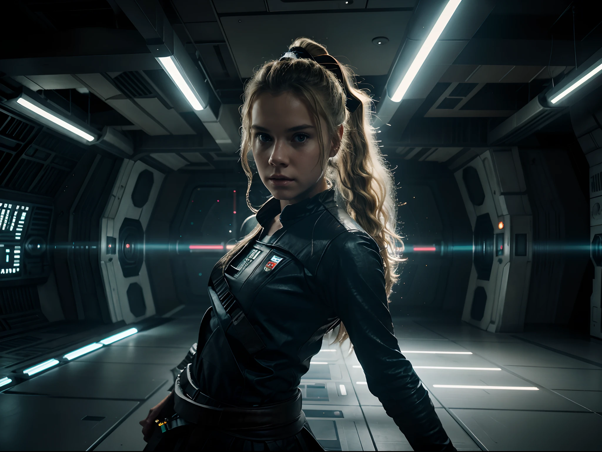 Beautiful teen jedi, 18yo blonde wavy hair, ponytail. Rey cosplay. patrolling. millennium falcon. glowing. screens show maps. fluorescent lights. 70s sci-fi fantasy. star wars. lucasfilm. space. expansive rebel base. Fighting stance. LightSaber