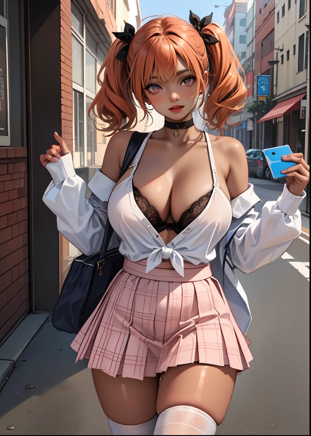 darkskin+++, dark brown skin:1.3+, orange hair+++, twintails++, bangs, pink eyes+++, big breast+, plump lips++ thick lips, bow symbol+++, thick thighs+, detailed eyes, 4 k digital art, HD, choker+, outside background+, people in background, mall+, cream lace button up cold shoulder sweater+, pink plaid ta mini skirt+, (chettah print) bra++, pink hand bag+, white stockings+ white thigh highs+, big lips+, looking at camera, arm on hip pose+, selfie++, shopping bag+, pale skin-