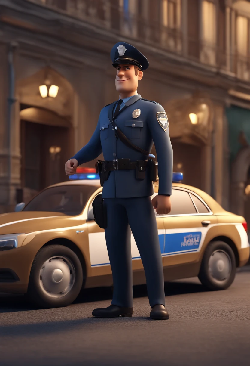 Cartoon character of a policeman in khaki uniform an animated character, Caractere estilizado, animation style rendering, 3D no estilo Pixar Disney